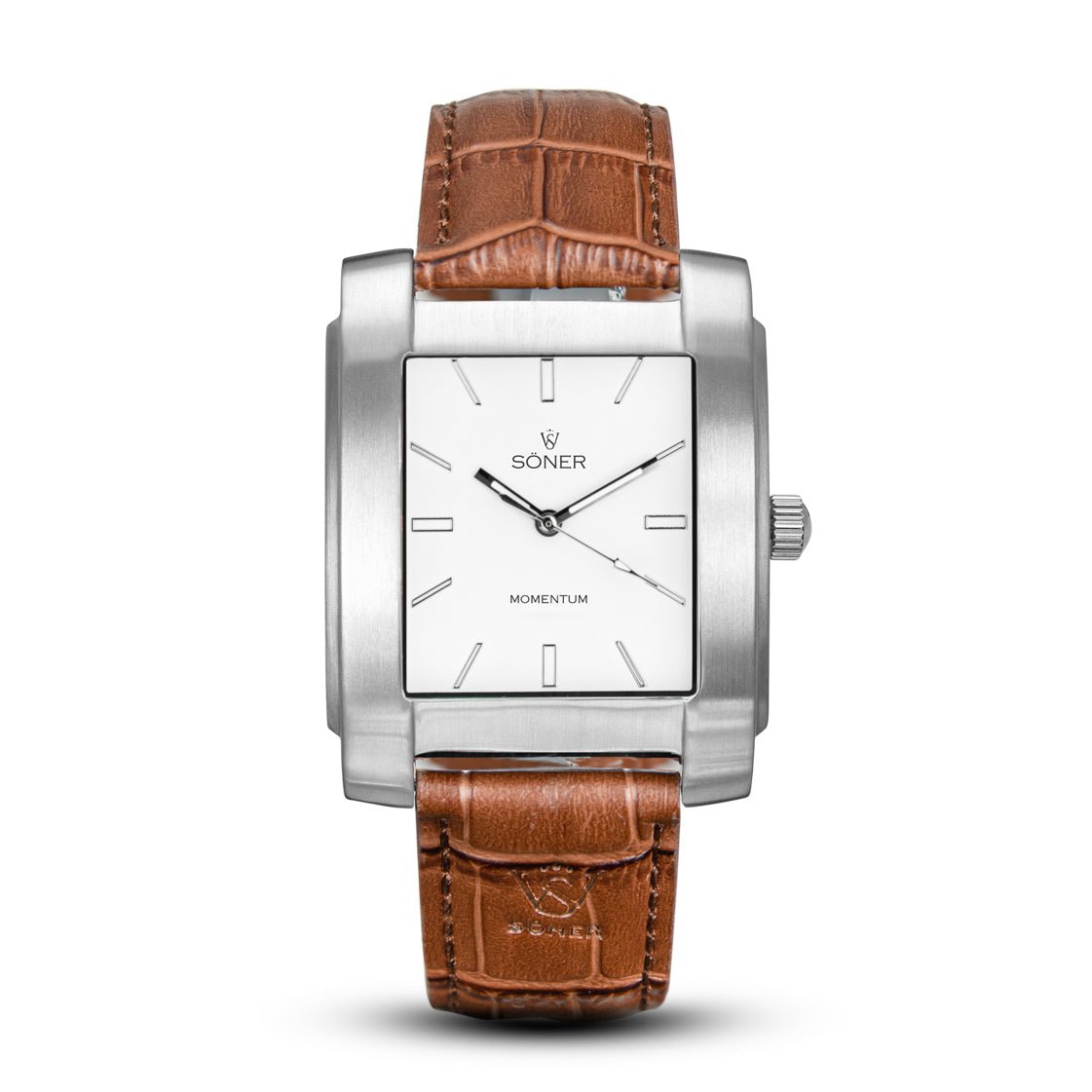 The Momentum Atlas (Self-winding) watch features a rectangular silver case with a white face, simple hour markers, and the brand name on the dial. It is elegantly paired with a brown leather strap that showcases an intricate crocodile pattern.