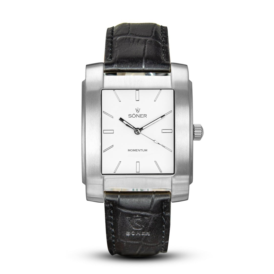 The Momentum Atlas, a self-winding rectangular wristwatch, boasts a silver case and white dial with a minimalist design. It features a black leather strap and simple hour indicators, while the brand name Soner adorns the dial, defining this elegant timepiece.