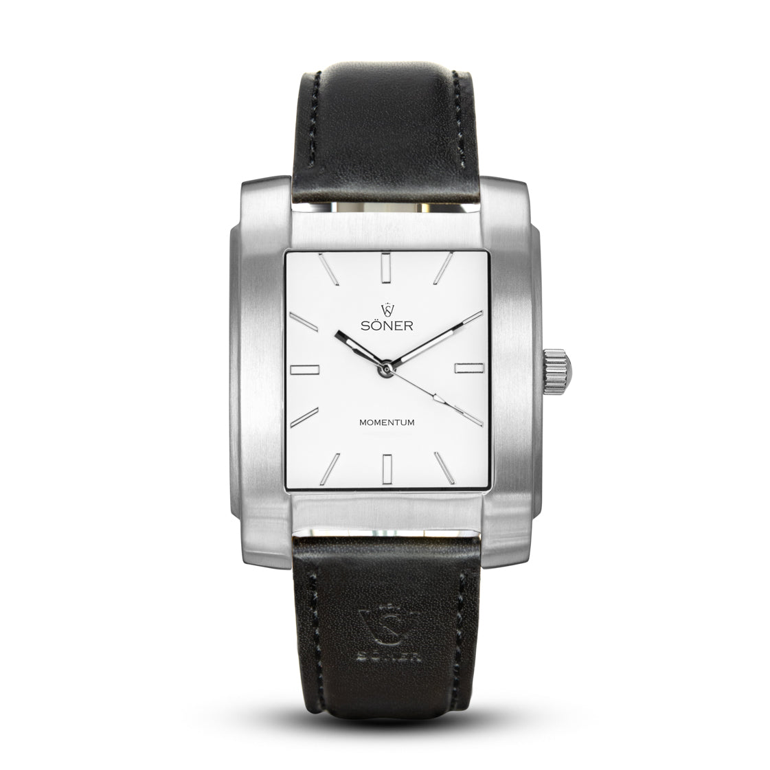 Introducing the Momentum Atlas by Söner, this elegant square watch features a minimalist white dial adorned with silver hour markers and two hands. The timepiece comes complete with a black leather strap, and the brand name SÖNER is prominently displayed on the face along with the word MOMENTUM.