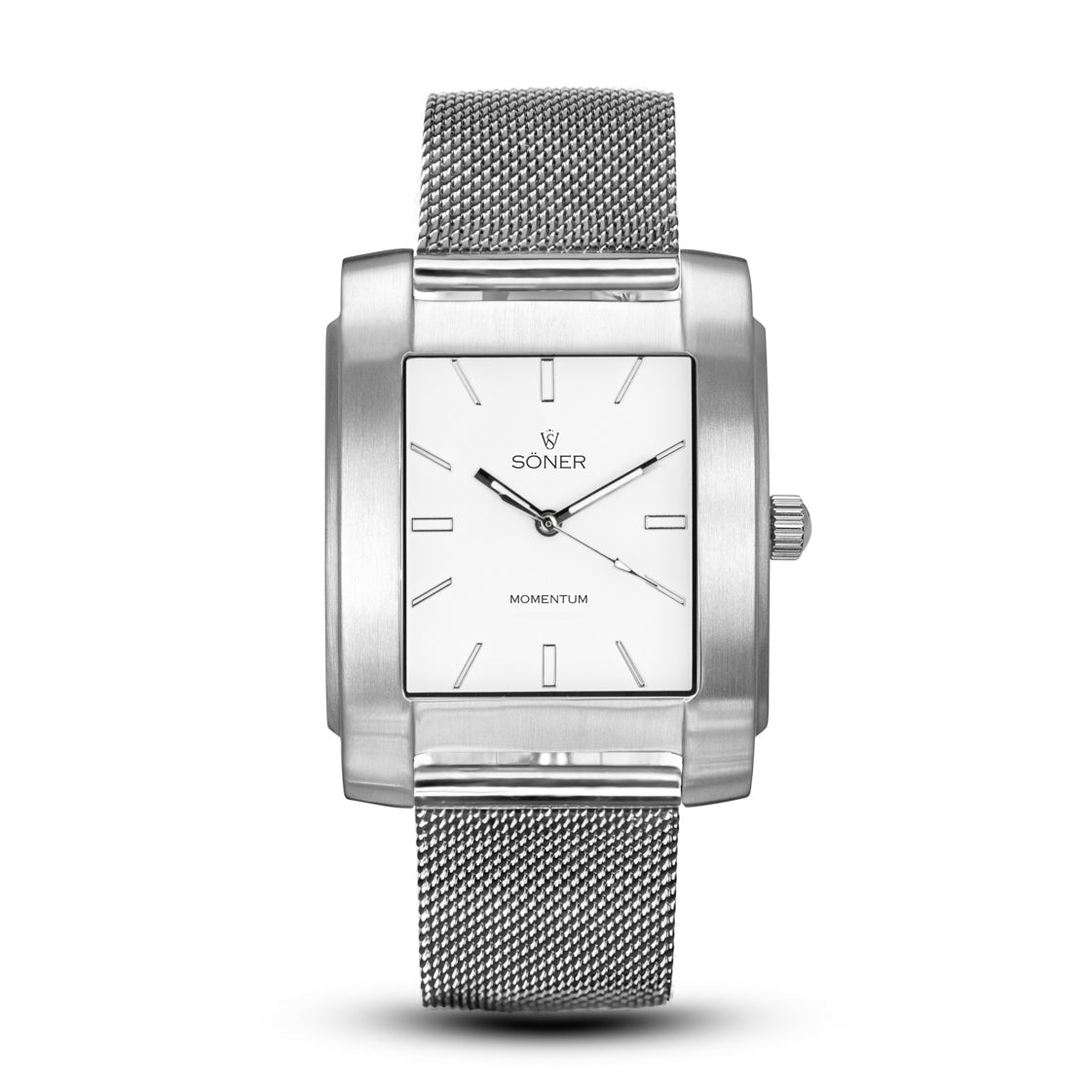 The Momentum Atlas timepiece, featuring a self-winding mechanism, showcases a sleek, rectangular stainless steel design with a minimalist aesthetic. It includes a white face, simple hour markers, and is complemented by a metal mesh strap. Displayed prominently on the watch face are the brand name Söner and the model name Momentum Atlas, epitomizing elegance with every tick.