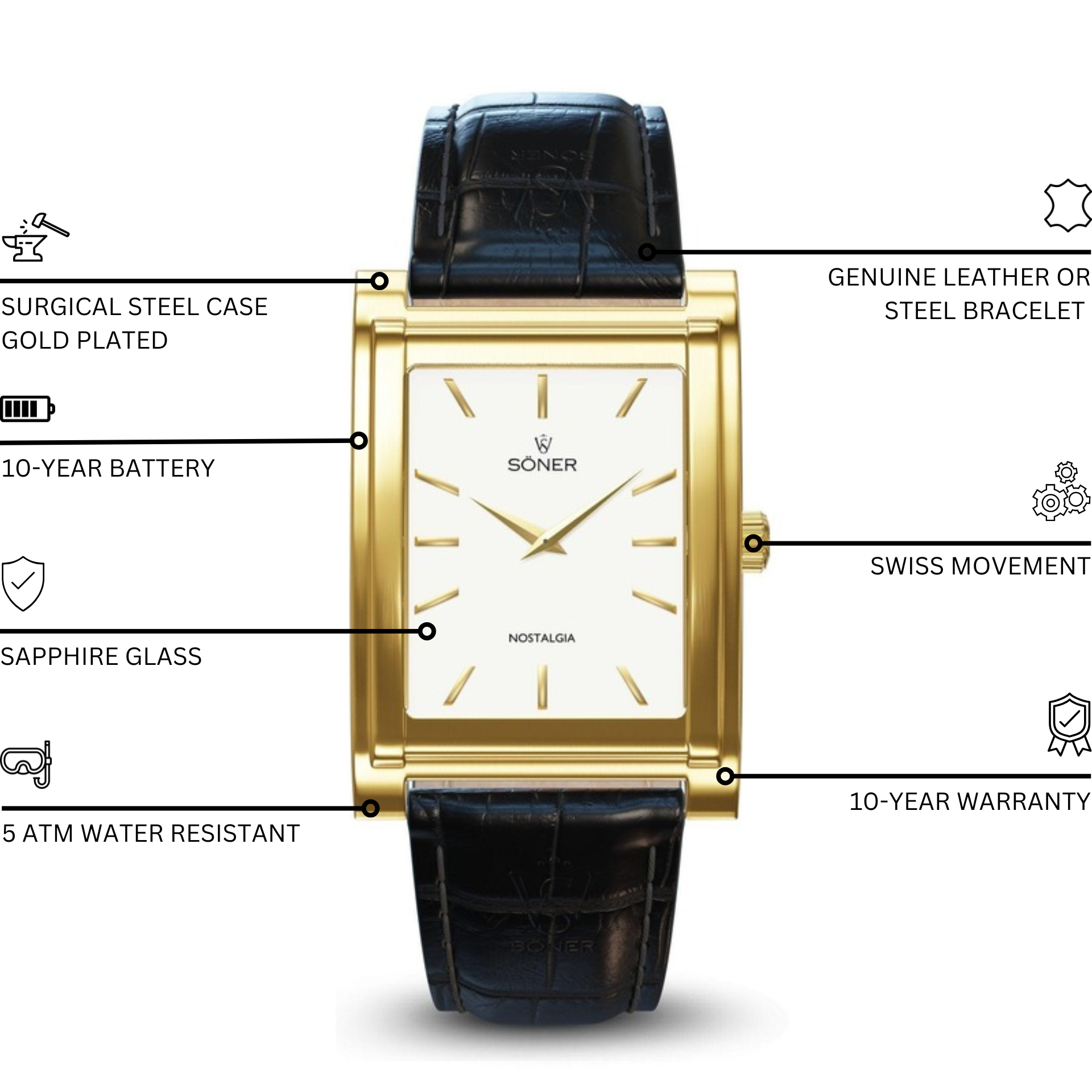 Nostalgia Chicago (11-year Battery), a rectangular gold watch with a white face. It features black hands and hour markers, along with a distinctive black leather strap adorned with a textured pattern, echoing the timeless elegance of Söner's square watches.