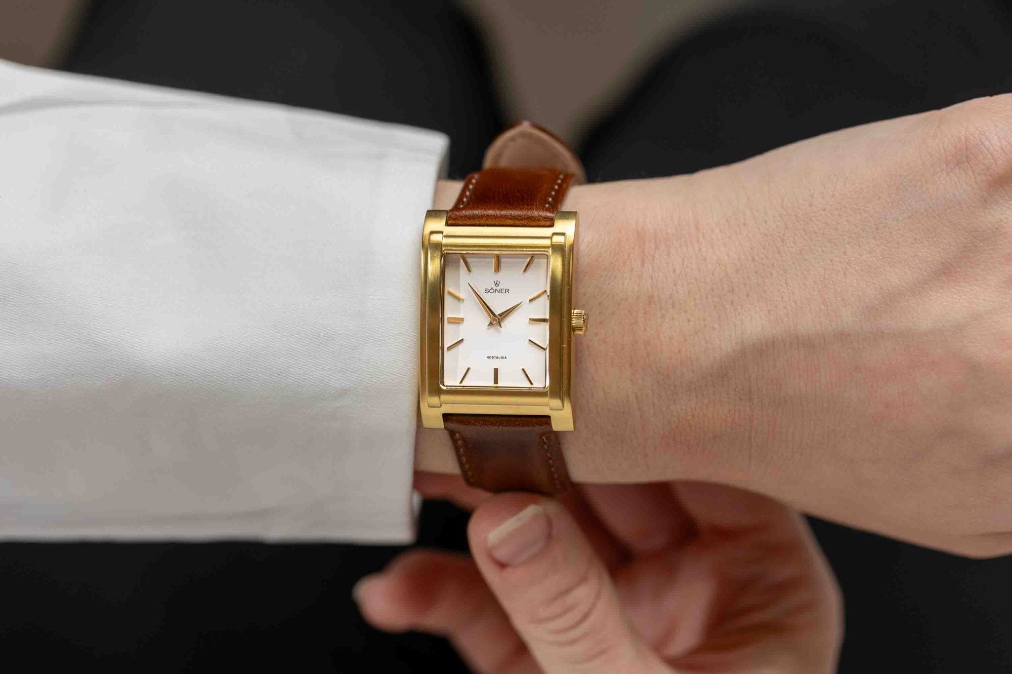 Square watch, Nostalgia Chicago with white dial - on female wrist close up