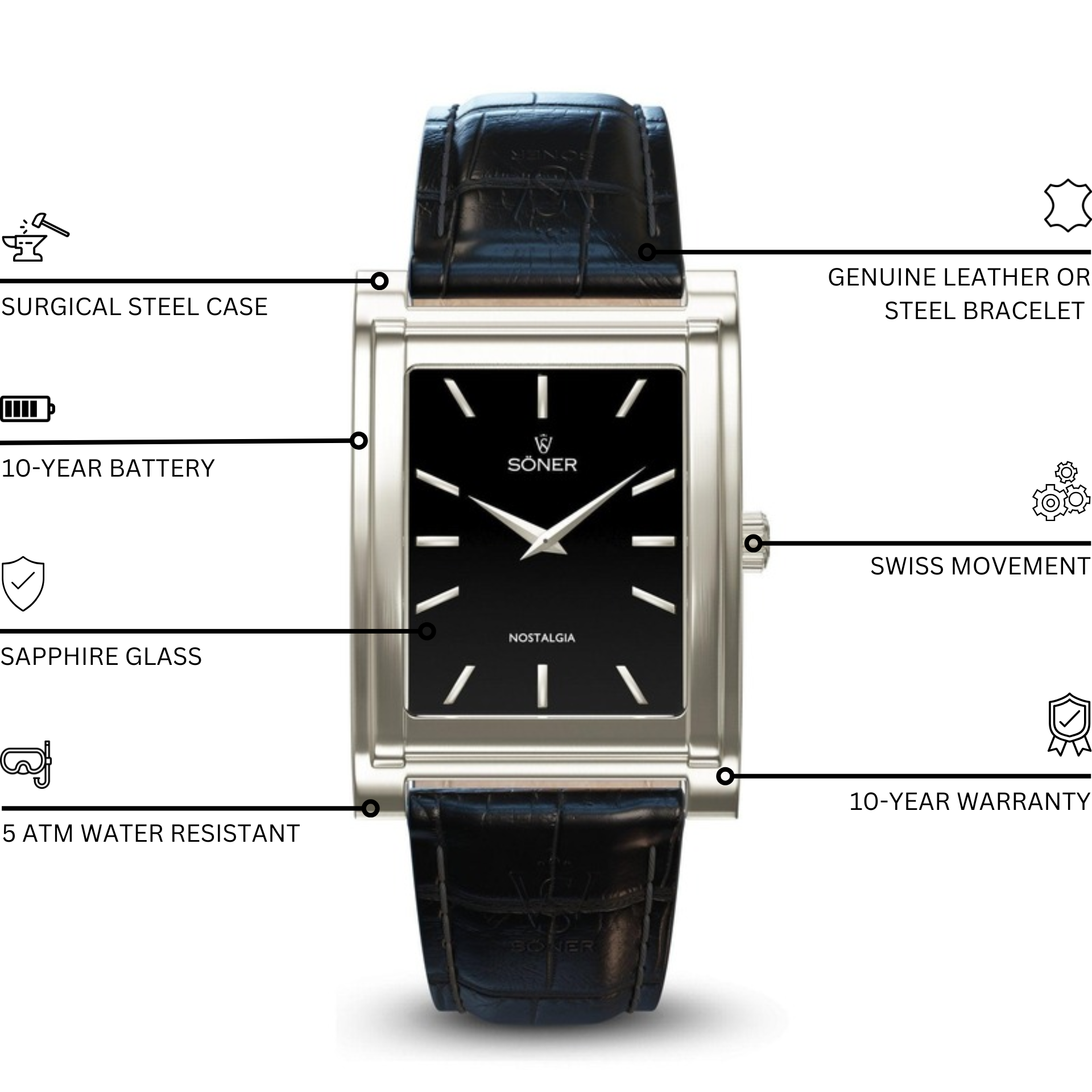 Nostalgia London by Söner, rectangular watch with black face with silver hour markers and hands. The distinguished Soner logo is elegantly positioned at the top, complemented by its black leather strap designed with an exquisite crocodile pattern. Plus, enjoy the convenience of an 11-year battery life.