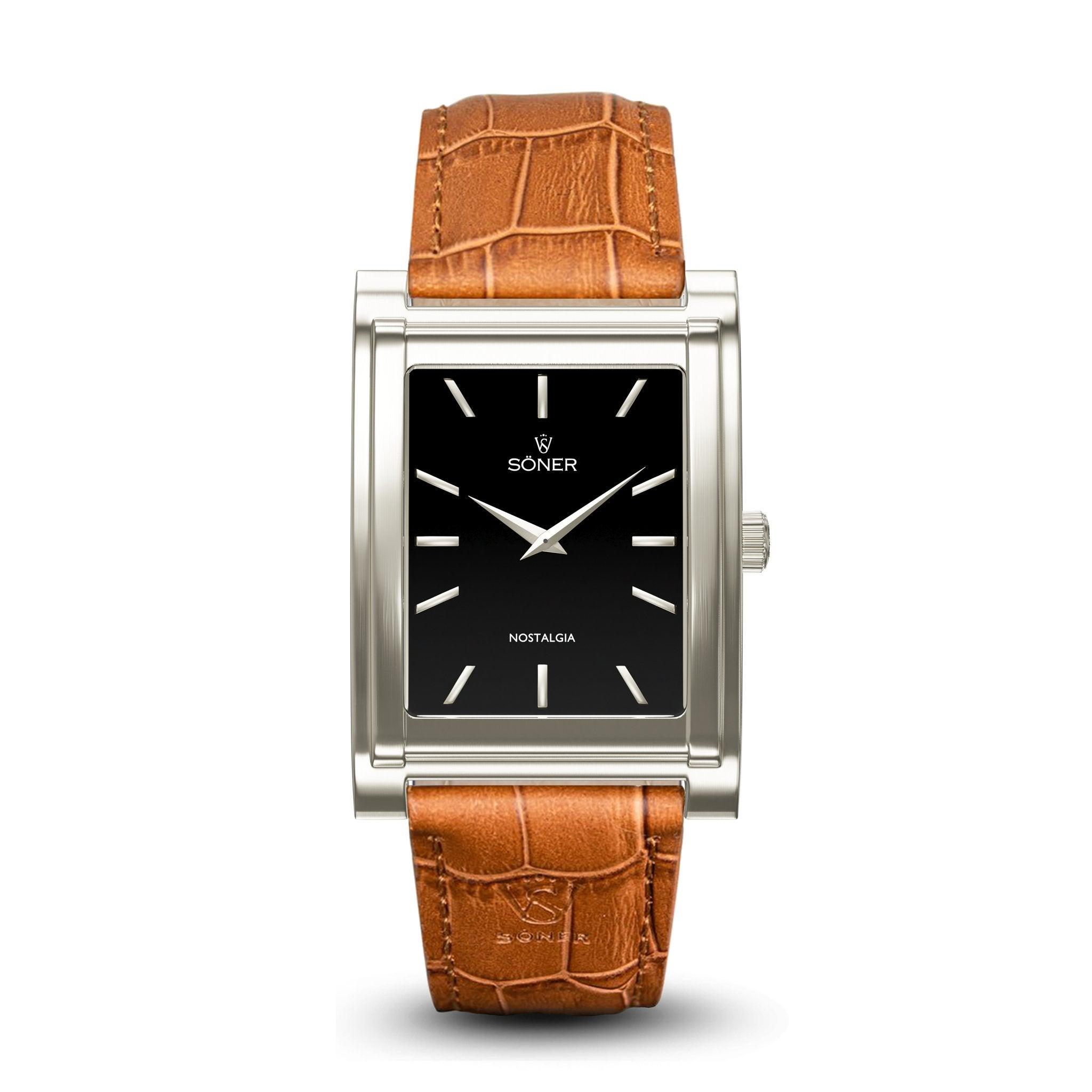 A rectangular watch from the Nostalgia London collection, showcasing a black dial with silver indices and a brown leather strap adorned with a crocodile texture. The dial features the Soner brand name and the model name "Nostalgia.