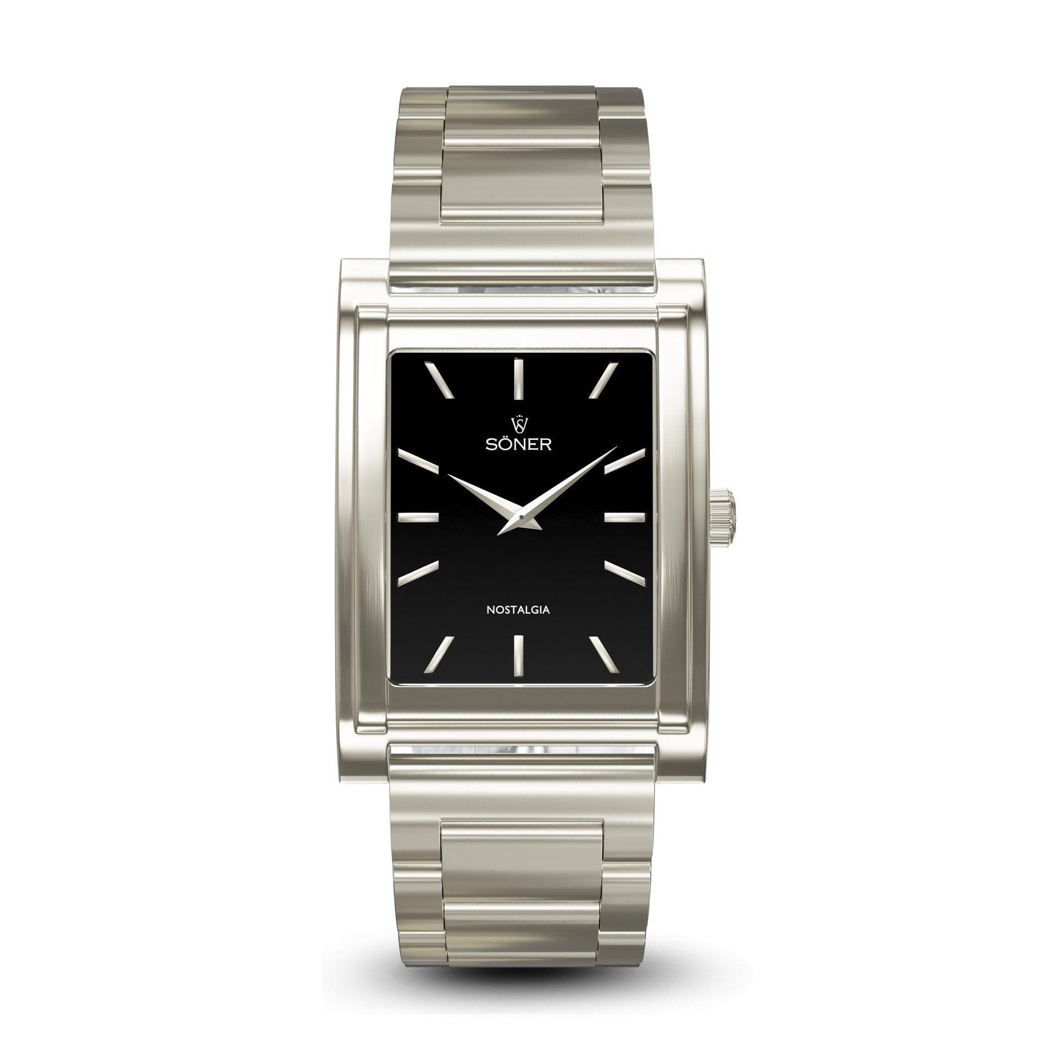 Introducing the Nostalgia London, a polished metal timepiece with a sophisticated silver design. It showcases a sleek rectangular black face adorned with minimalist silver hour markers and hands. The dial is elegantly branded with the word NOSTALGIA, making it the quintessential square watch from Söner. Plus, it boasts an impressive 11-year battery life.