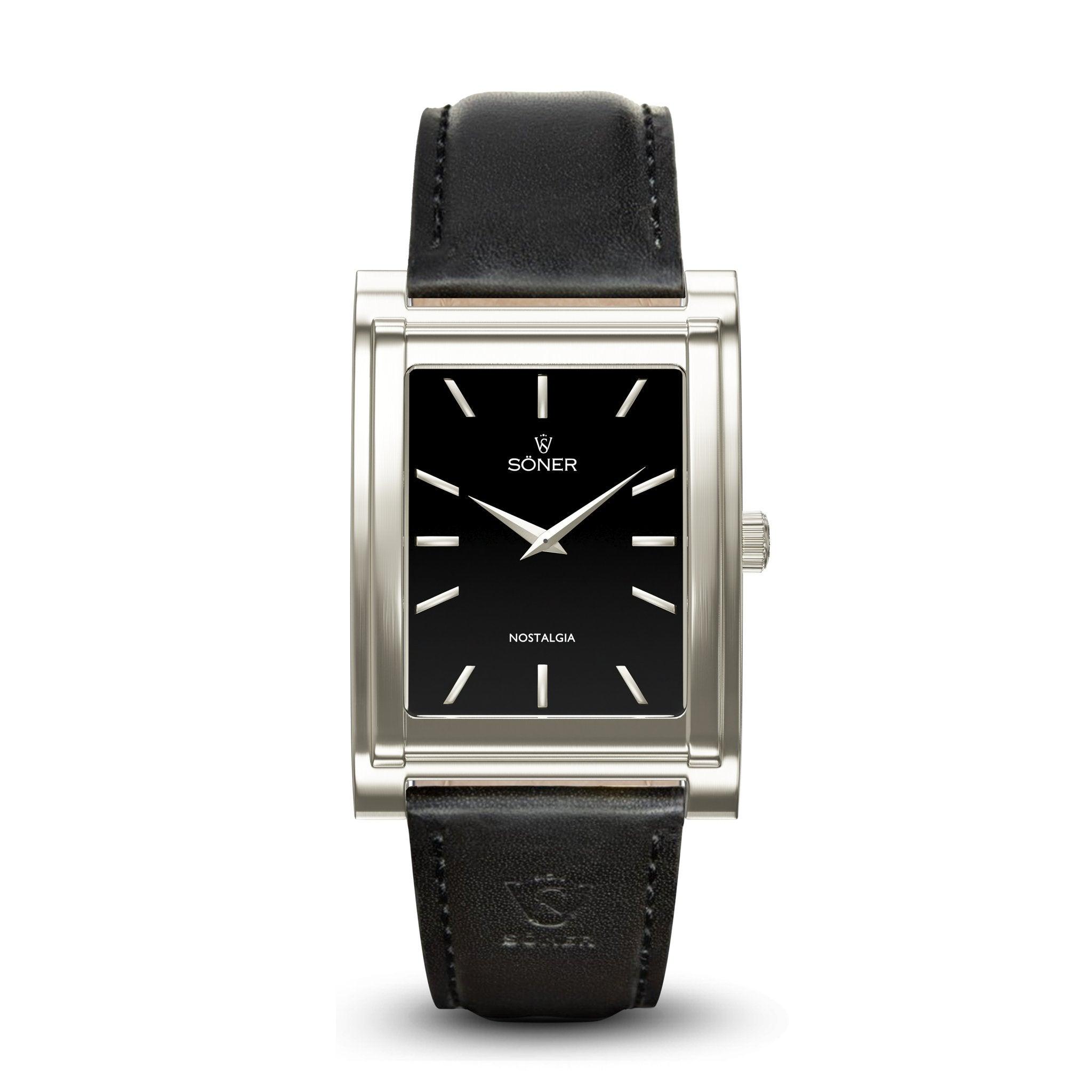 This rectangular silver watch from Söner, featuring a black leather strap, showcases a square design with a black dial and minimalist silver hour markers and hands. The words "Nostalgia" and the brand "Soner" are elegantly displayed on its face.