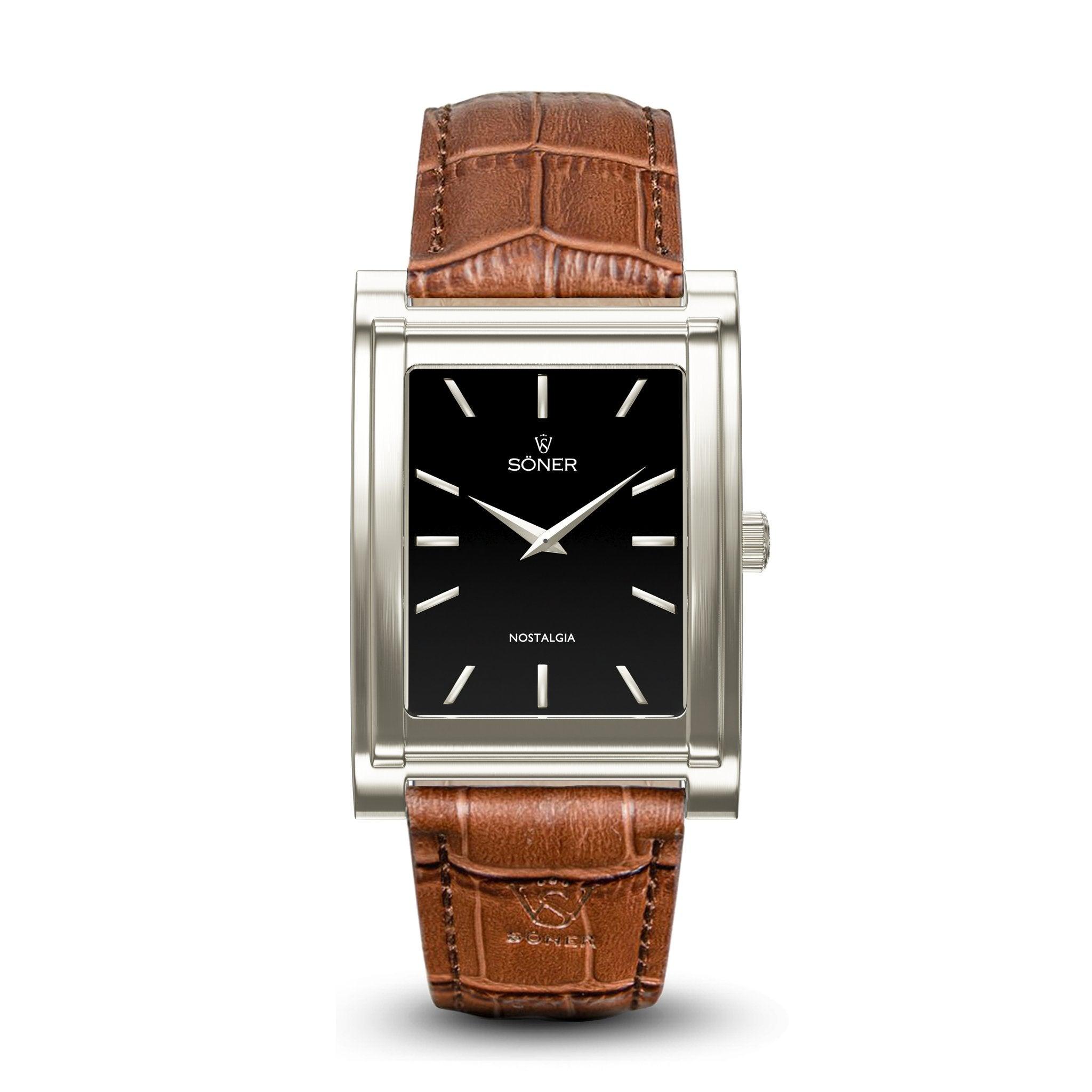 The Nostalgia London watch from Söner showcases a black dial with silver hour markers, complemented by a brown leather strap featuring textured detailing. Its sleek, polished metal casing adds a classic touch to this timepiece's overall design, and it comes with an impressive 11-year battery life.