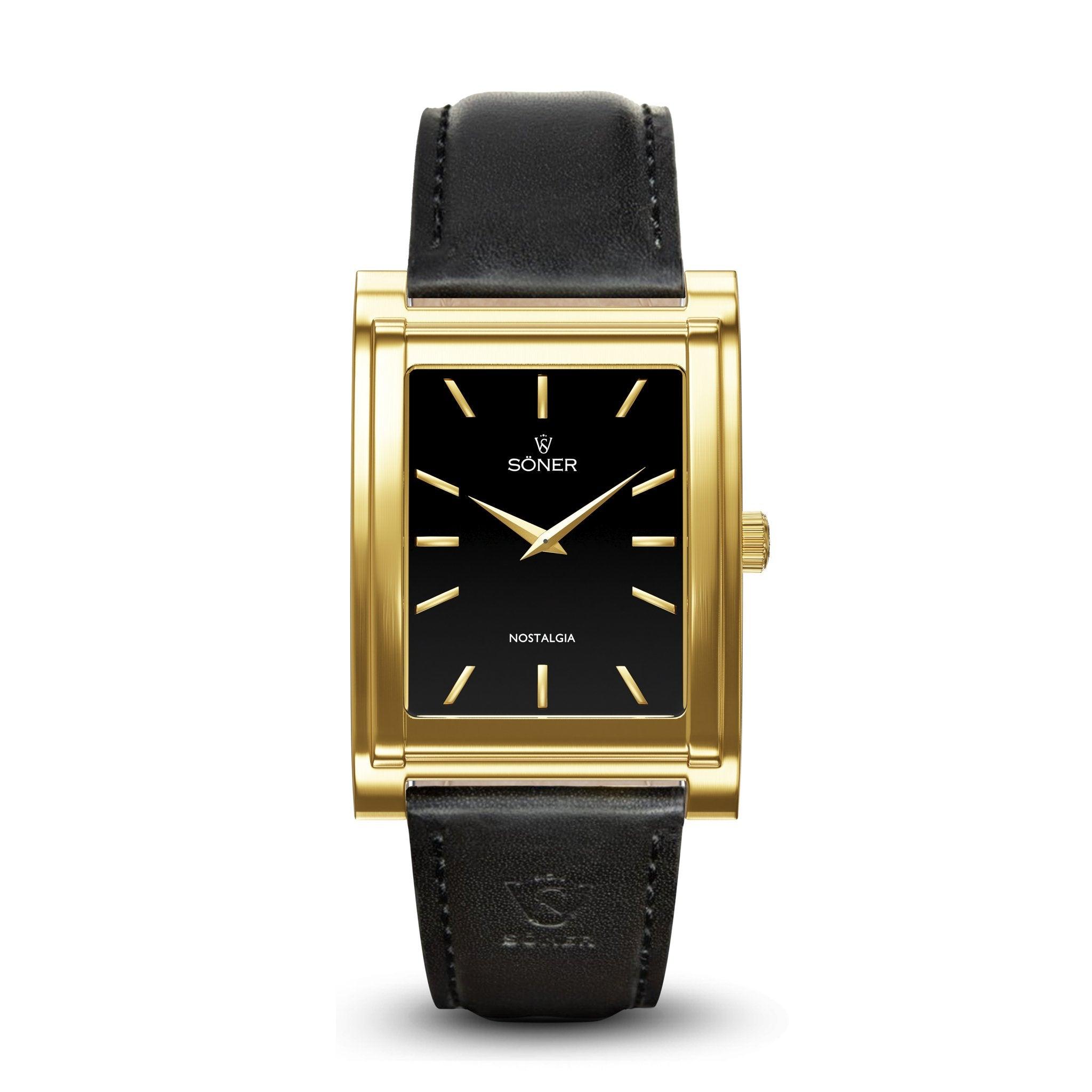 A rectangular wristwatch named the Nostalgia Monaco, featuring a black dial housed in a gold-colored case and paired with a black leather strap. The dial showcases gold hour markers and hands, along with the Söner brand name and NOSTALGIA elegantly inscribed on it. This classic Söner design blends timeless style with modern sophistication, boasting an 11-year battery life.