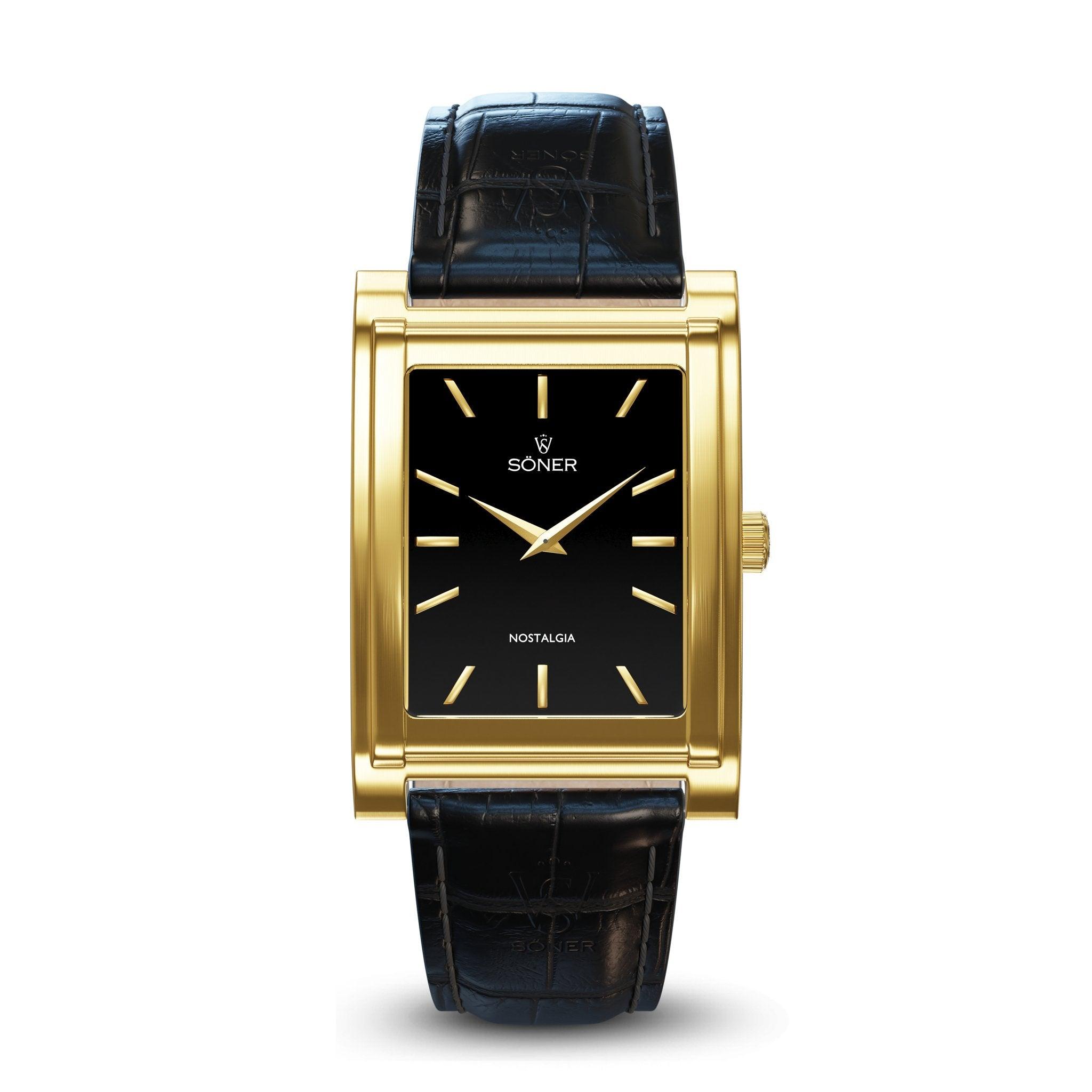 This elegant rectangular watch from Söner, the Nostalgia Monaco (11-year Battery), features a gold case with a black face complemented by minimalist gold hour markers and hands. The textured crocodile-patterned black leather strap enhances its sophisticated design, while SONER and NOSTALGIA are gracefully inscribed on the watch face, elevating its timeless appeal.