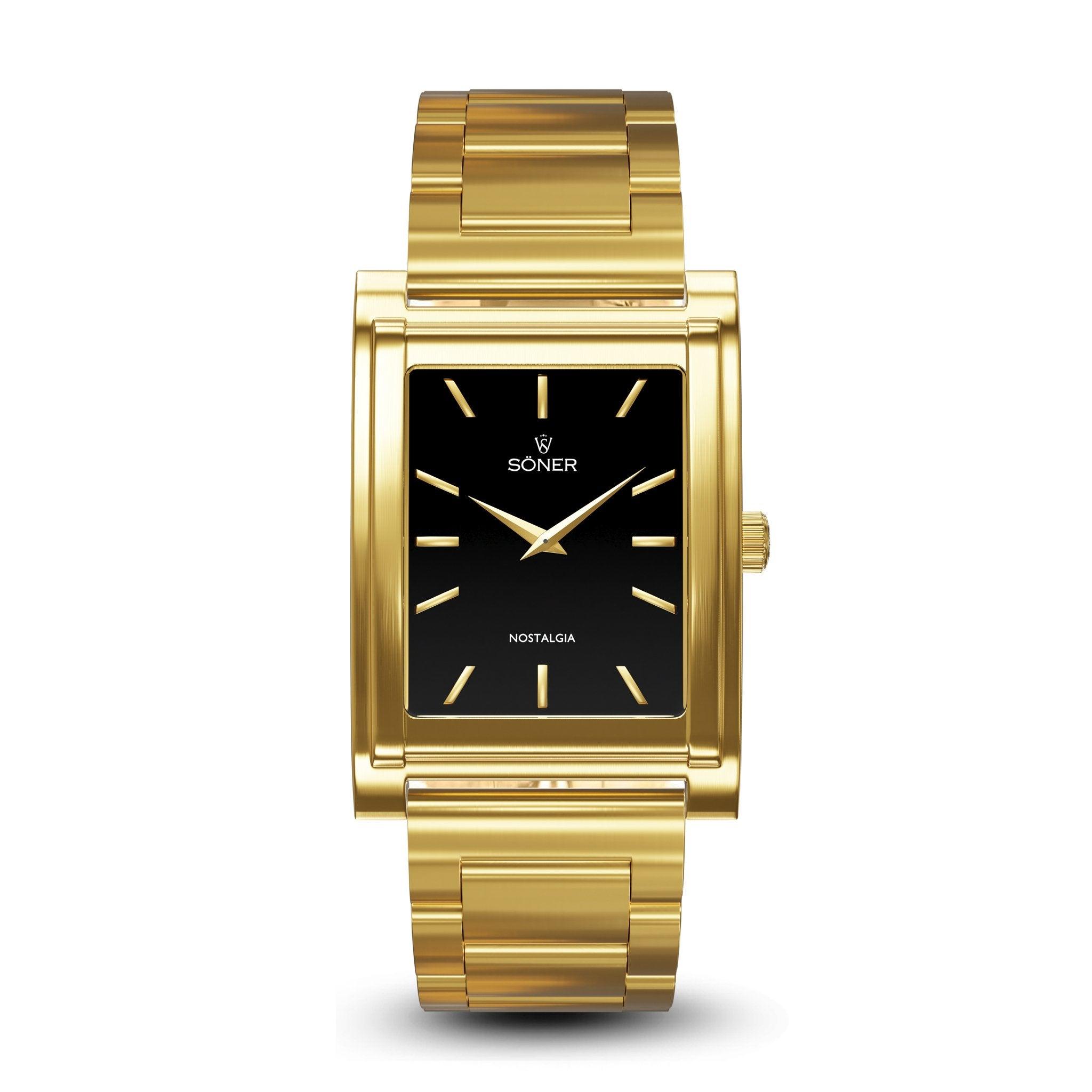 The Nostalgia Monaco boasts a sleek black dial adorned with gold hour markers and hands, elegantly displaying the brand name Soner alongside the word Nostalgia. Completing its sophisticated look, a gold metal bracelet adds timeless style to this sophisticated wristwatch from Söner, featuring an impressive 11-year battery life.