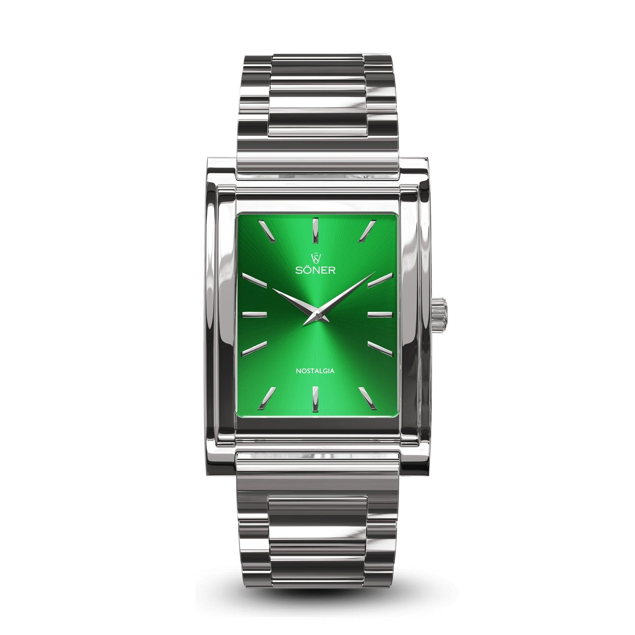 A sleek rectangular watch with a metallic band and a green dial. The face features thin hour markers and hands, prominently displaying the brand name SONER and the product name "Nostalgia New York" along with an impressive 11-year battery life.