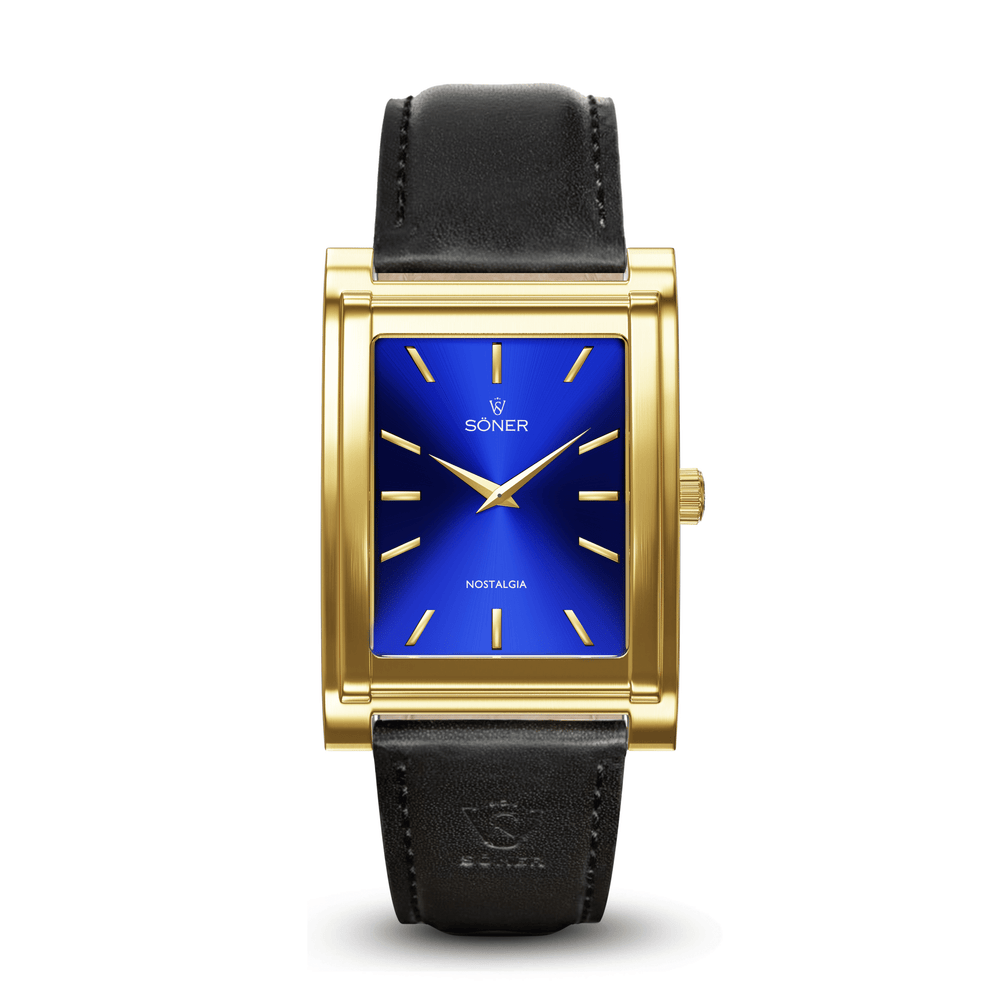 Nice, Rectangular Watch in Brushed Gold, Blue Dial