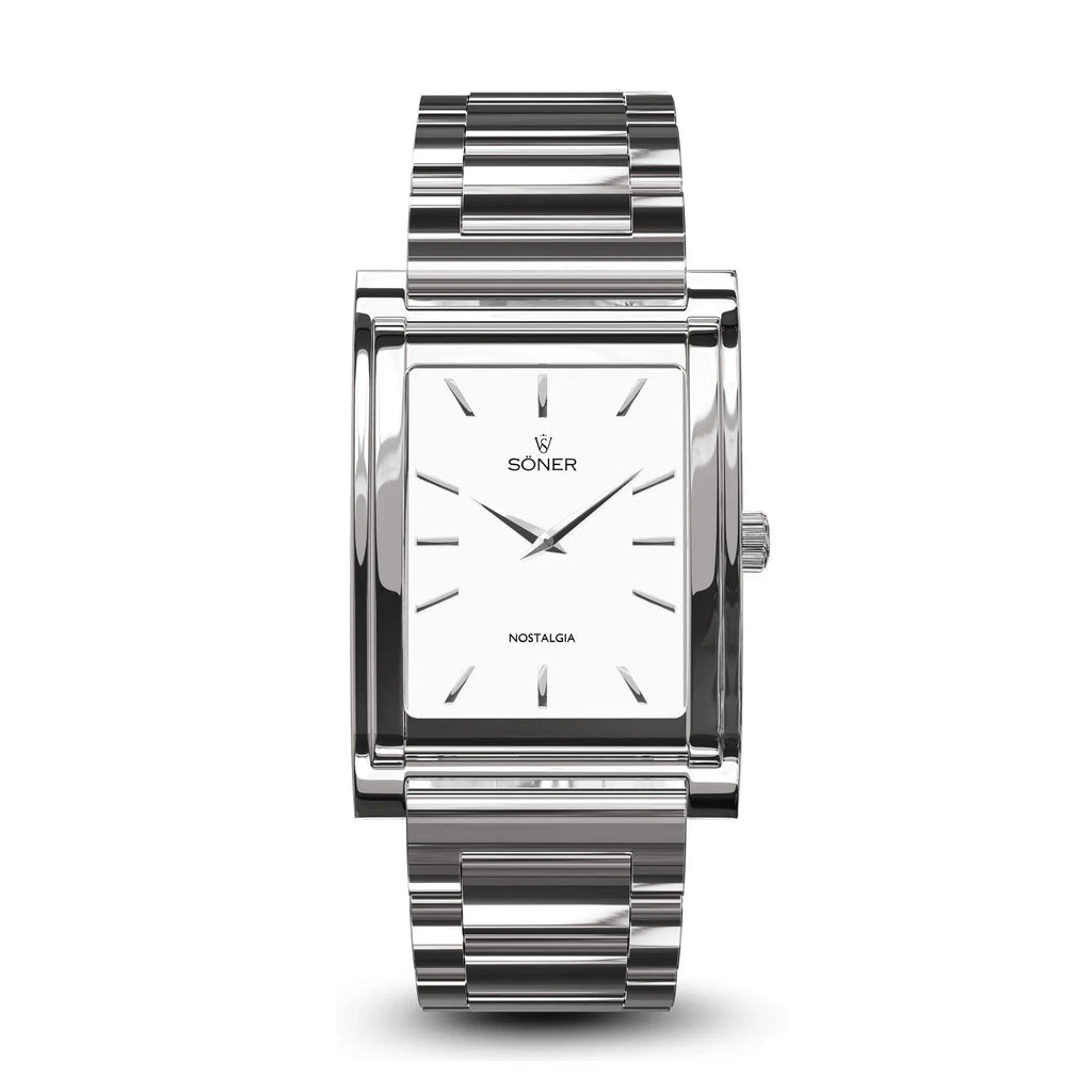 Söner Nostalgia Paris rectangular watch in polished steel with porcelain white dial and steel bracelet, a Cartier Tank alternative for formal wear