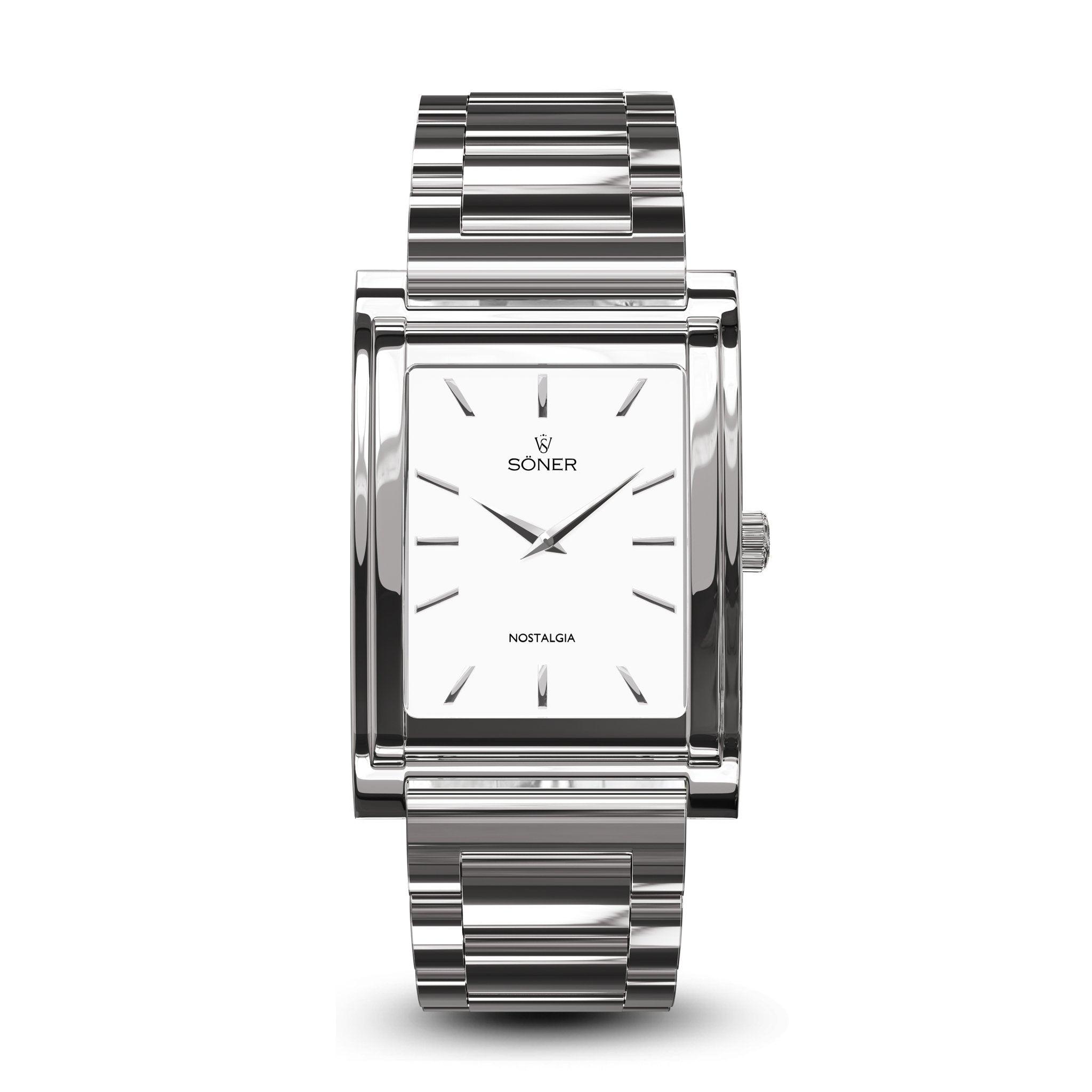 A rectangular timepiece with a silver finish features a classic white dial enhanced by sleek silver hour markers and hands. The brand names, SONER and Nostalgia Paris (11-year Battery), elegantly adorn the face. Complementing this timeless design is a shiny, metallic link bracelet that adds sophistication to any look.