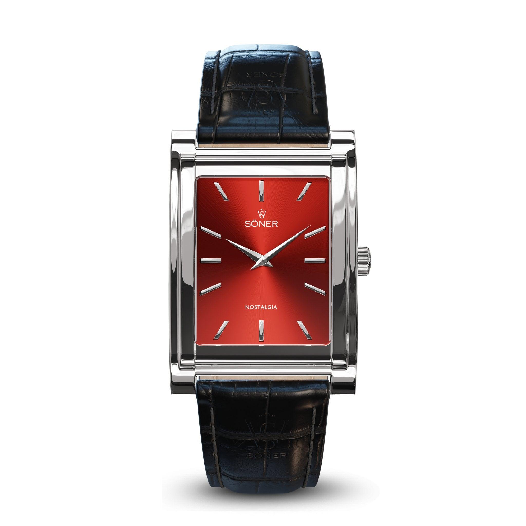 The Nostalgia Rome features a sleek rectangular design with a silver case and vibrant red dial. Labeled with SONER and NOSTALGIA, it showcases minimalist hour markers and hands. Paired with a textured black leather strap, this timepiece perfectly blends modern aesthetics with timeless appeal. Plus, it boasts an impressive 11-year battery life for enduring performance.