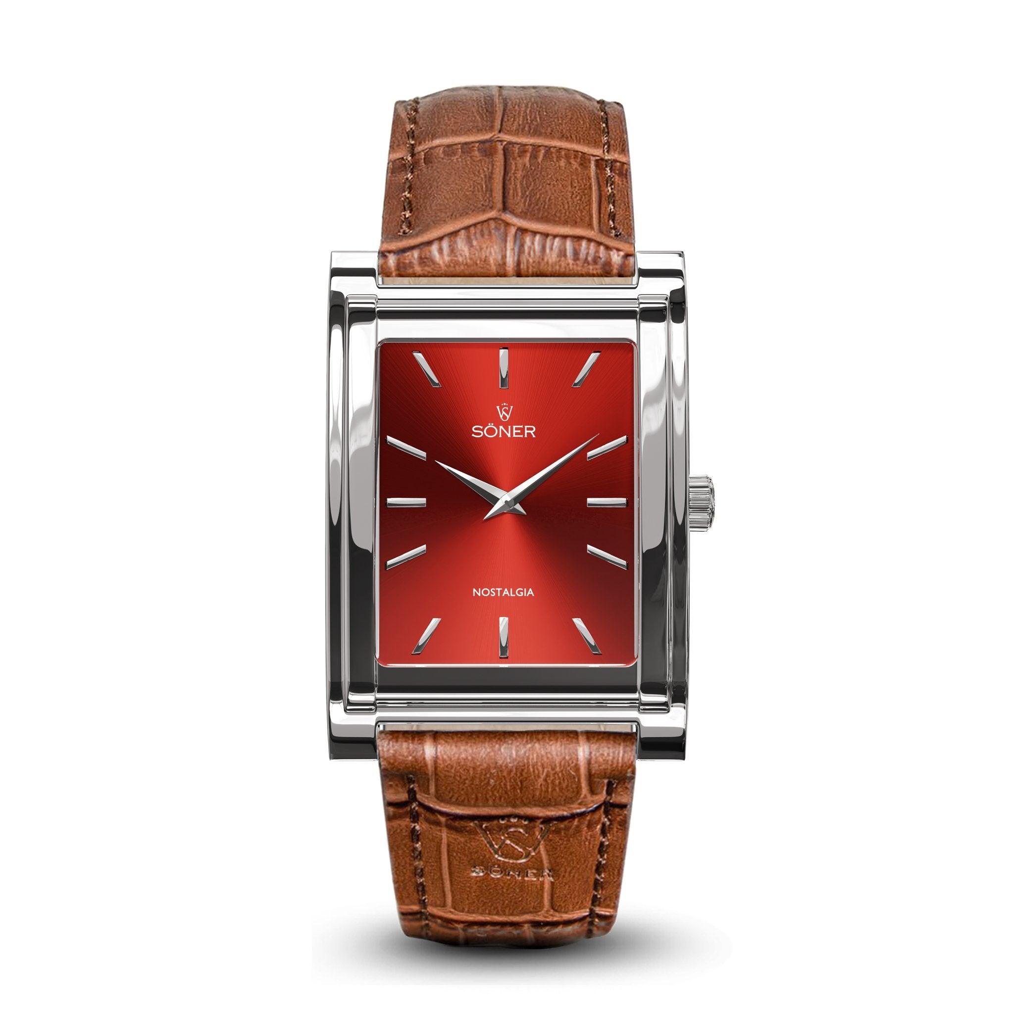 The Nostalgia Rome wristwatch from Söner showcases a polished silver frame with a striking red face, enhanced by silver hour markers and hands. It is accompanied by a brown leather strap featuring an elegant textured pattern, seamlessly blending style and sophistication. Plus, it offers the added benefit of an impressive 11-year battery life.