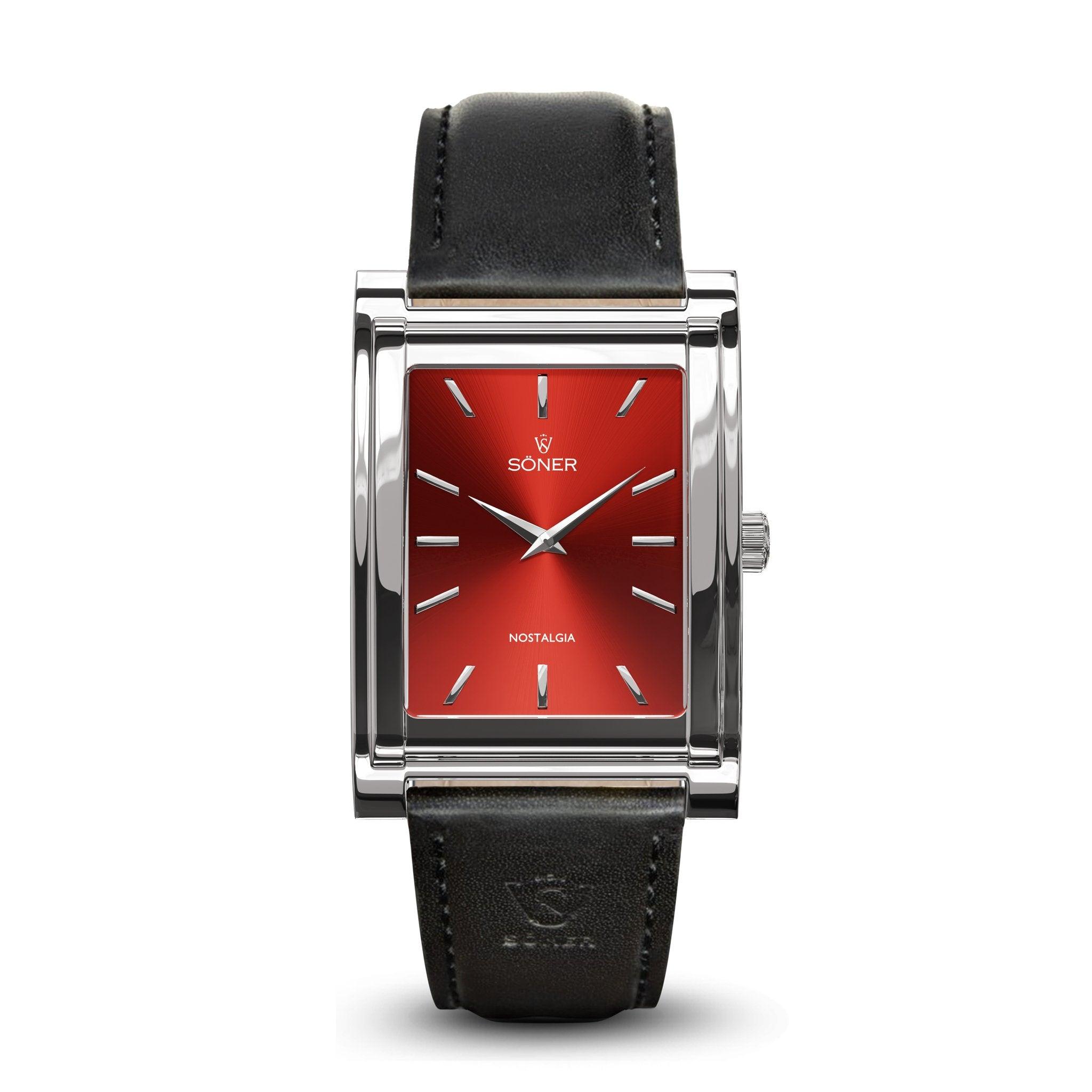 Introducing the Nostalgia Rome (11-year Battery), a sleek rectangular watch featuring a silver frame and a striking red dial adorned with minimalist silver hour markers. It boasts an elegant black leather strap, while the name Söner on the dial enhances its sophisticated appeal at every glance.