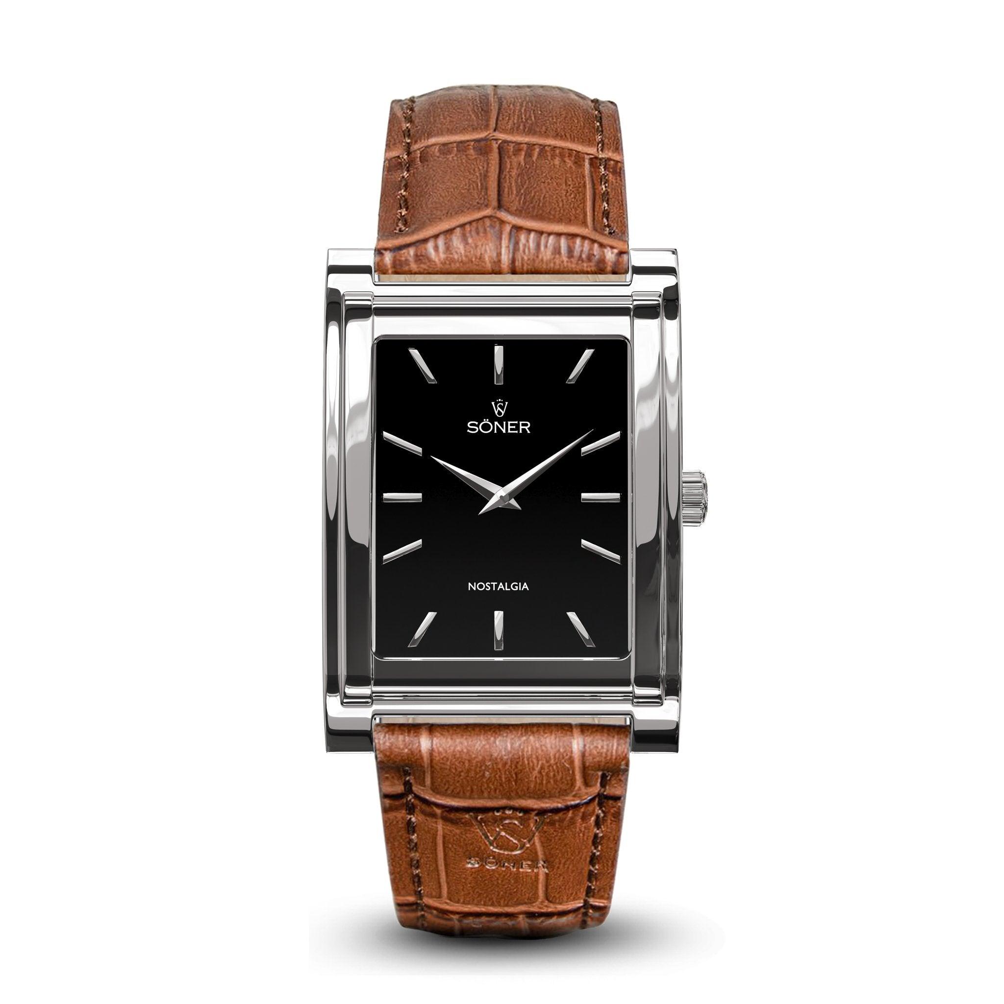 A rectangular watch featuring a black face, silver edges, and a brown leather strap. This timeless piece, with its simple hour markers and hands, proudly displays SONER and Nostalgia Stockholm (11-year Battery) on the dial.