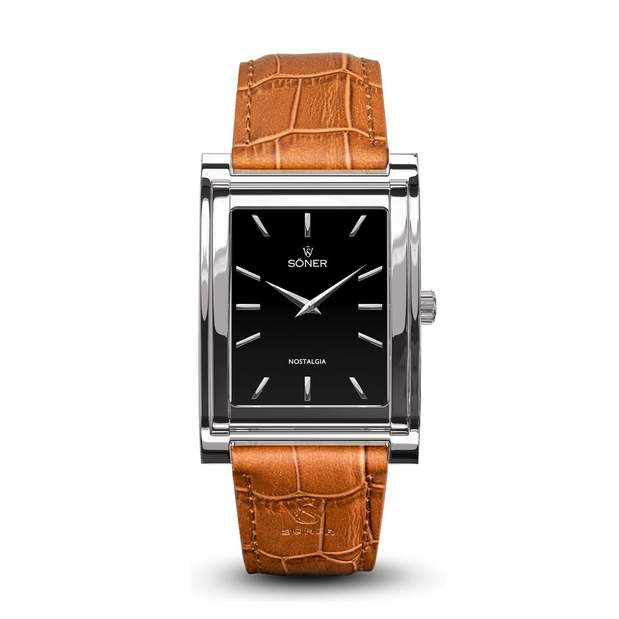 The Nostalgia Stockholm wristwatch from Söner, featuring a rectangular design, boasts a black dial with silver hour markers and a sleek metal frame that embodies nostalgia. Its brown leather strap showcases an intricate textured pattern, while the words "SONER" and "NOSTALGIA" are elegantly displayed on the watch face. This model also comes with an 11-year battery.