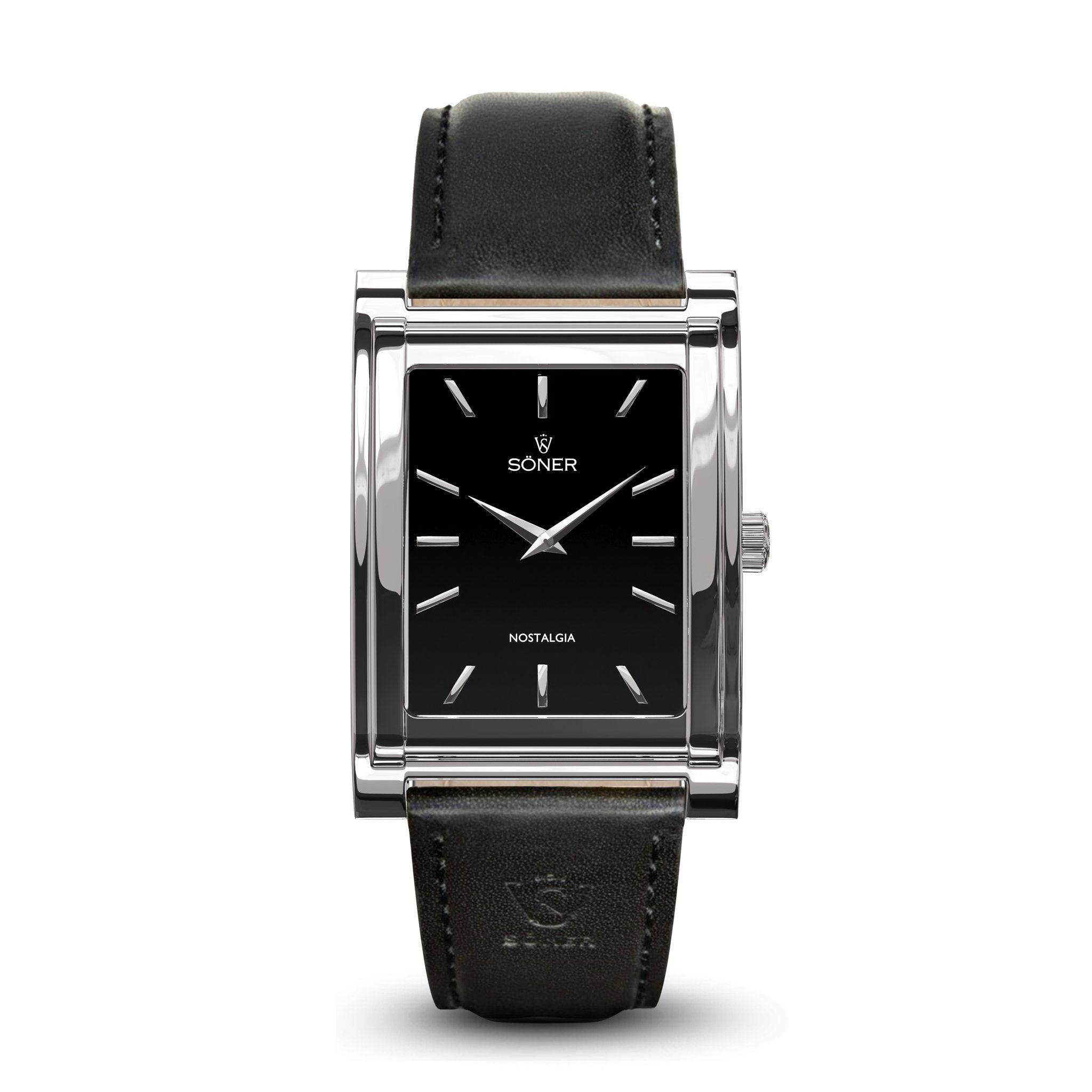 The Nostalgia Stockholm watch boasts a rectangular design with a sophisticated black leather strap and a silver case. Its black dial is enhanced by silver hour markers and hands, while the esteemed brand name SONER and the word NOSTALGIA are elegantly displayed, encapsulating timeless elegance. Additionally, it includes an impressive 11-year battery life.