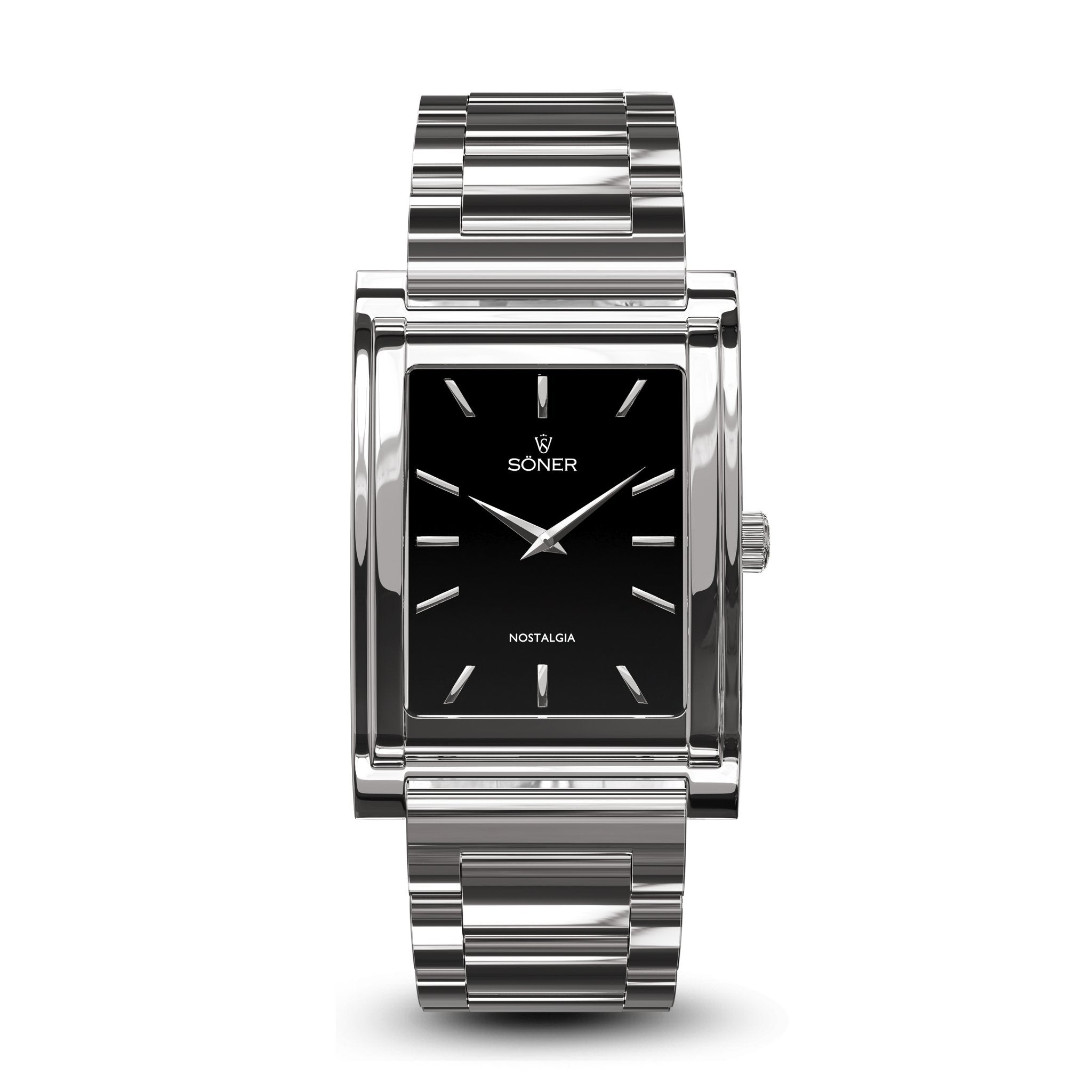 Square watch, Nostalgia Stockholm with black dial - steel bracelet front view