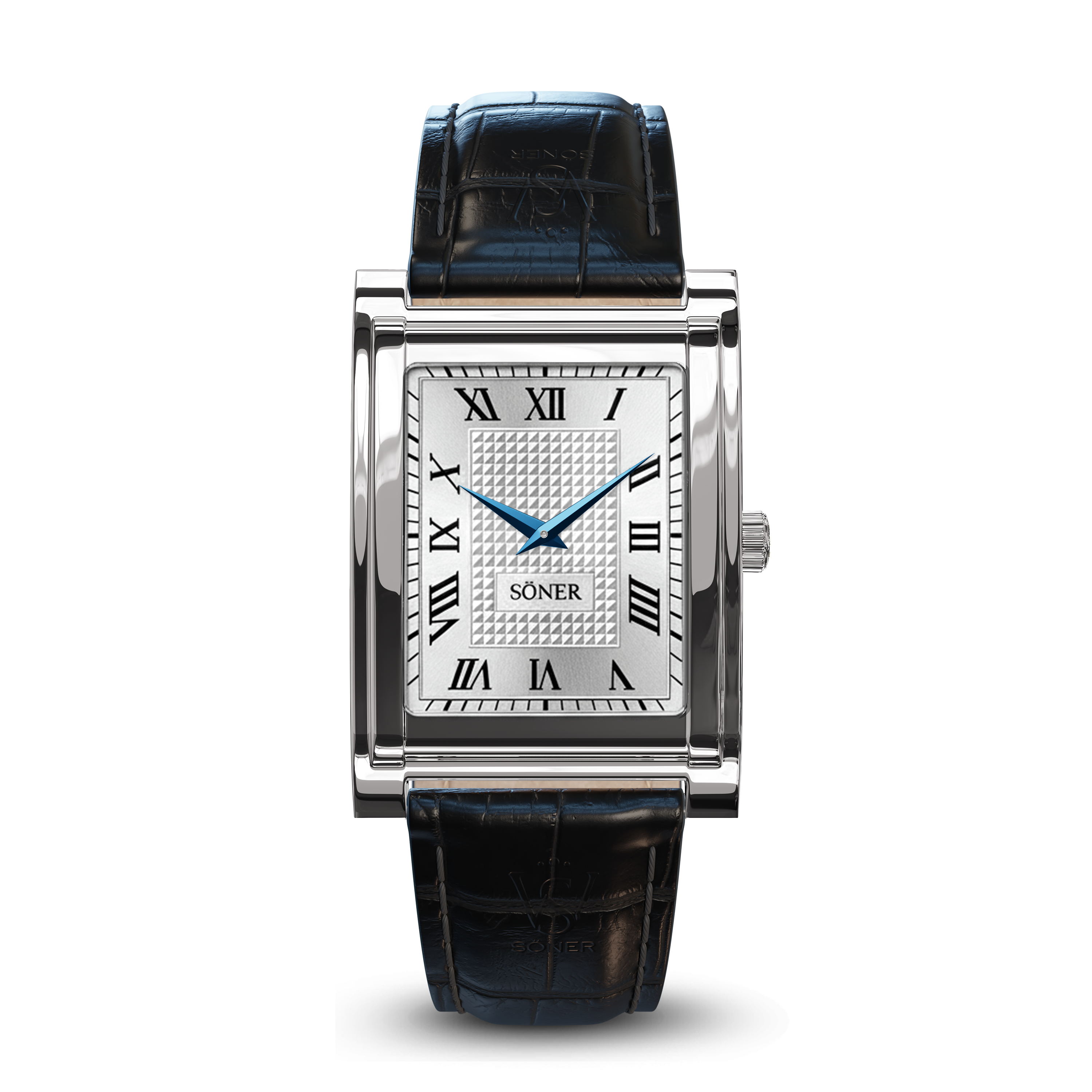 Rectangular steel watch with a textured white Roman numeral dial, blue hands, and a black leather strap. The brand SONER is printed on the center of the face and the timepiece is protected by a durable sapphire crystal.