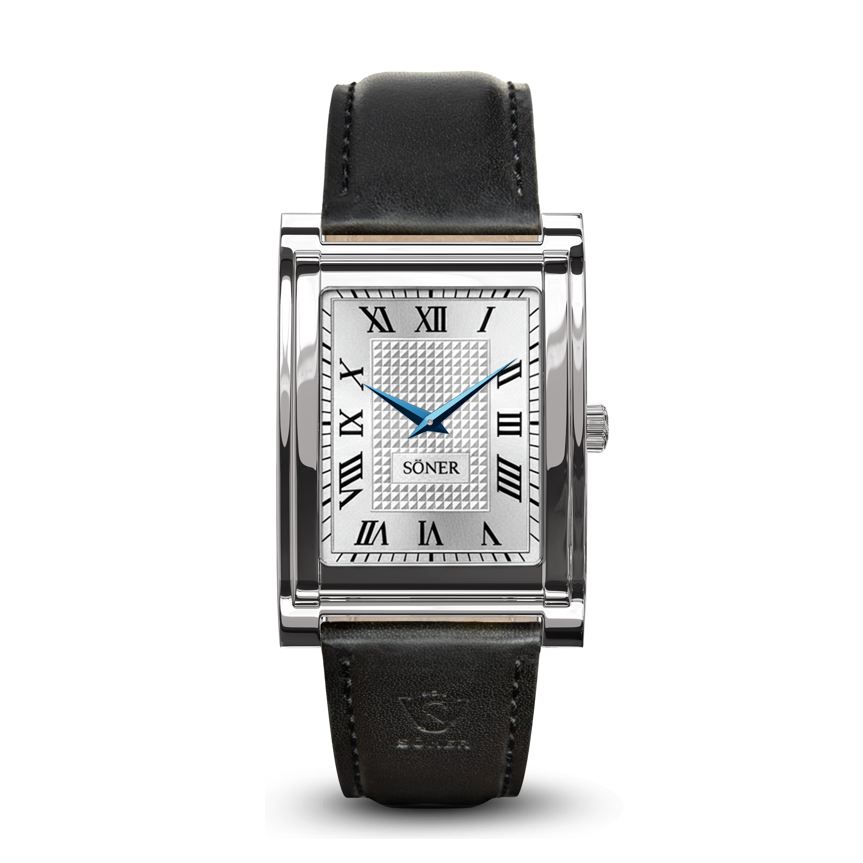 Rectangular steel watch with a textured white face, black Roman numerals on the Roman numeral dial, striking blue hands, and a black leather strap. The brand name SONER is centered on the watch face and the elegant design is protected by a durable sapphire crystal.