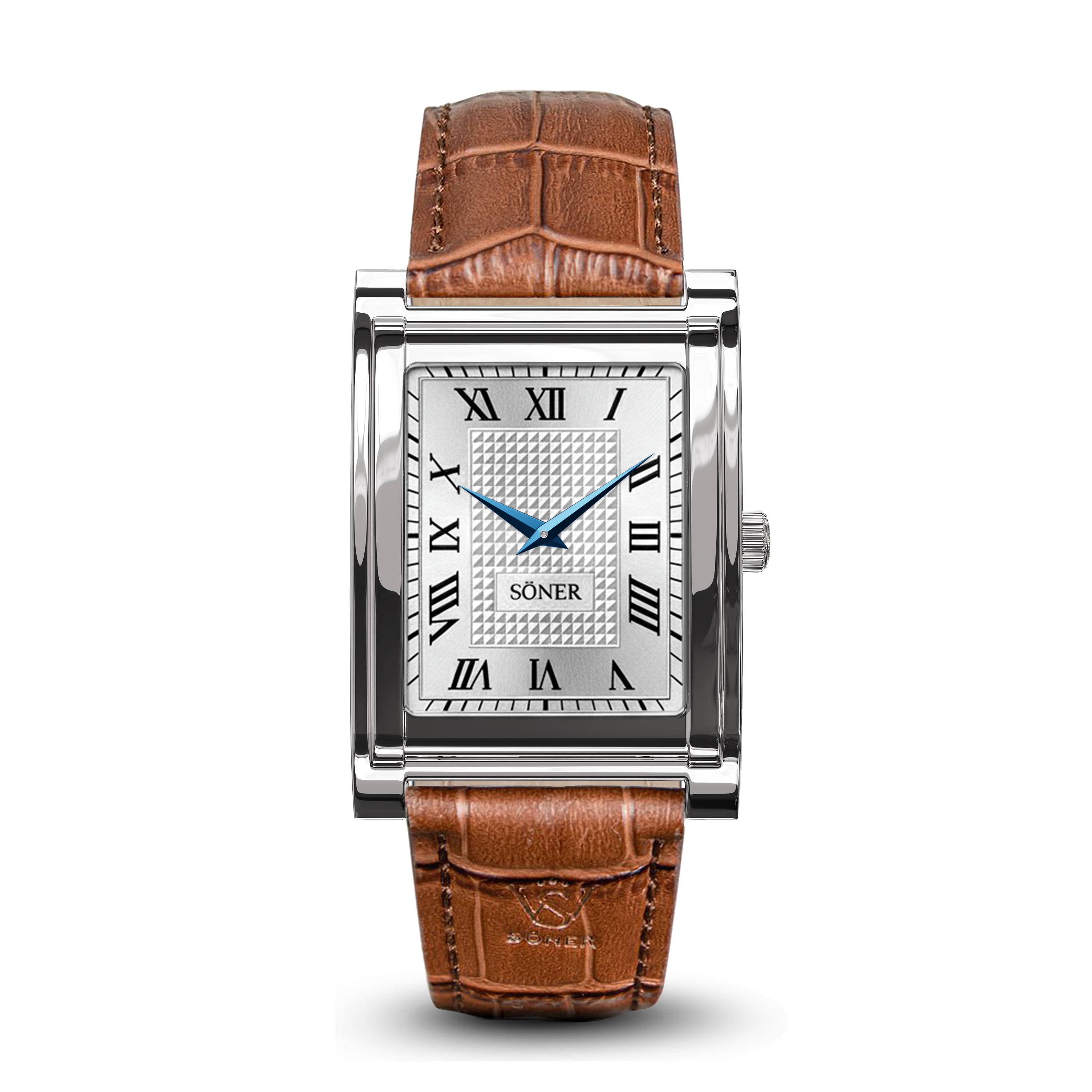 Rectangular silver wristwatch with a white Roman numeral dial, blue hands, and a brown leather strap featuring a textured pattern. The brand SONER appears on the dial, which is protected by a durable sapphire crystal.