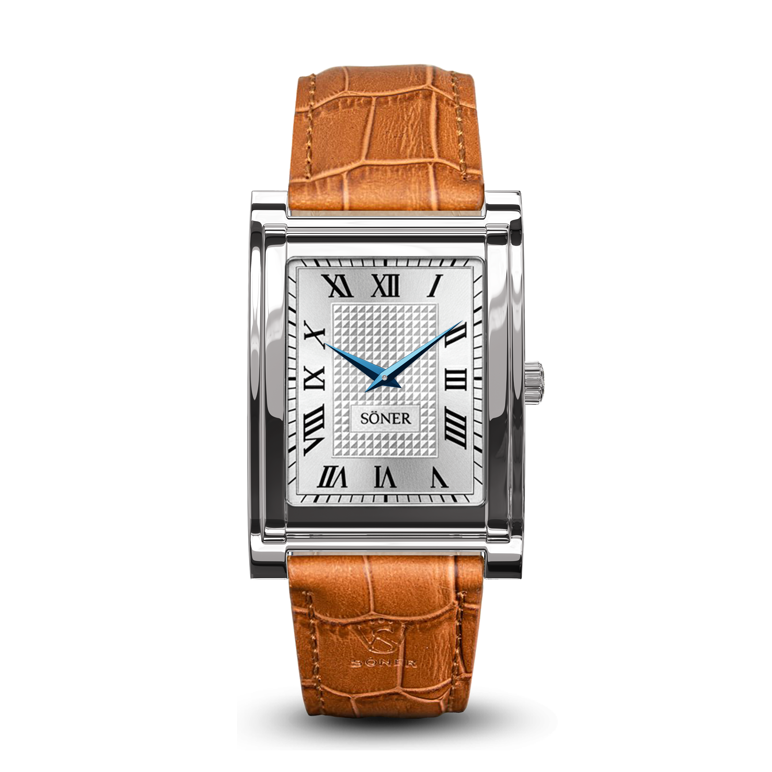 A rectangular steel watch with a textured dial, blue hands, and a Roman numeral dial sits elegantly on your wrist. The timepiece features a brown leather strap with a crocodile pattern and is finished with the SONER brand name on the dial.