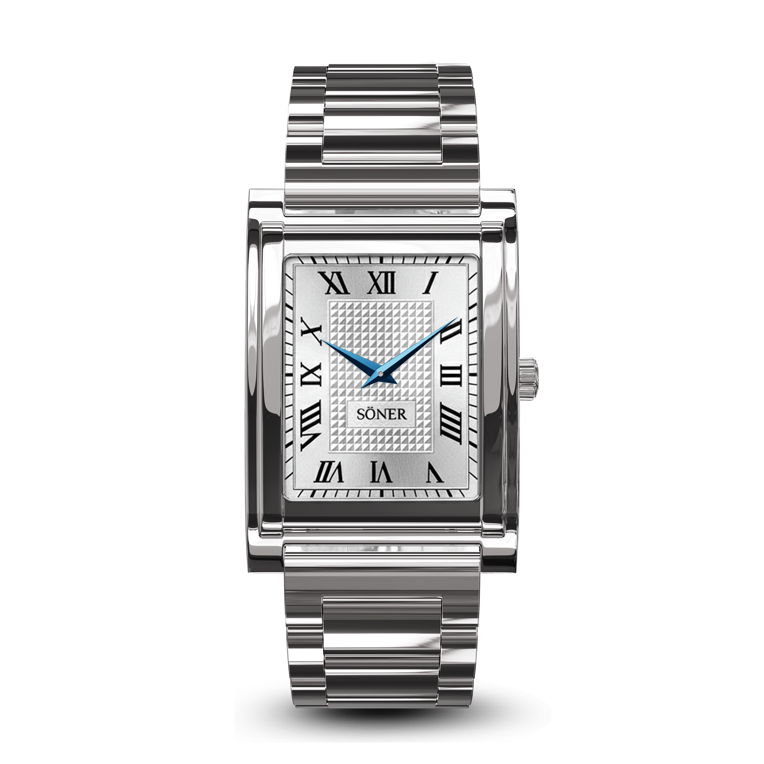 A silver rectangular steel watch with a metal band, Roman numeral hour markers, a textured dial, and blue hour and minute hands. The brand name SONER appears above the 6 o’clock position, while the durable sapphire crystal protects its elegant Roman numeral dial.
