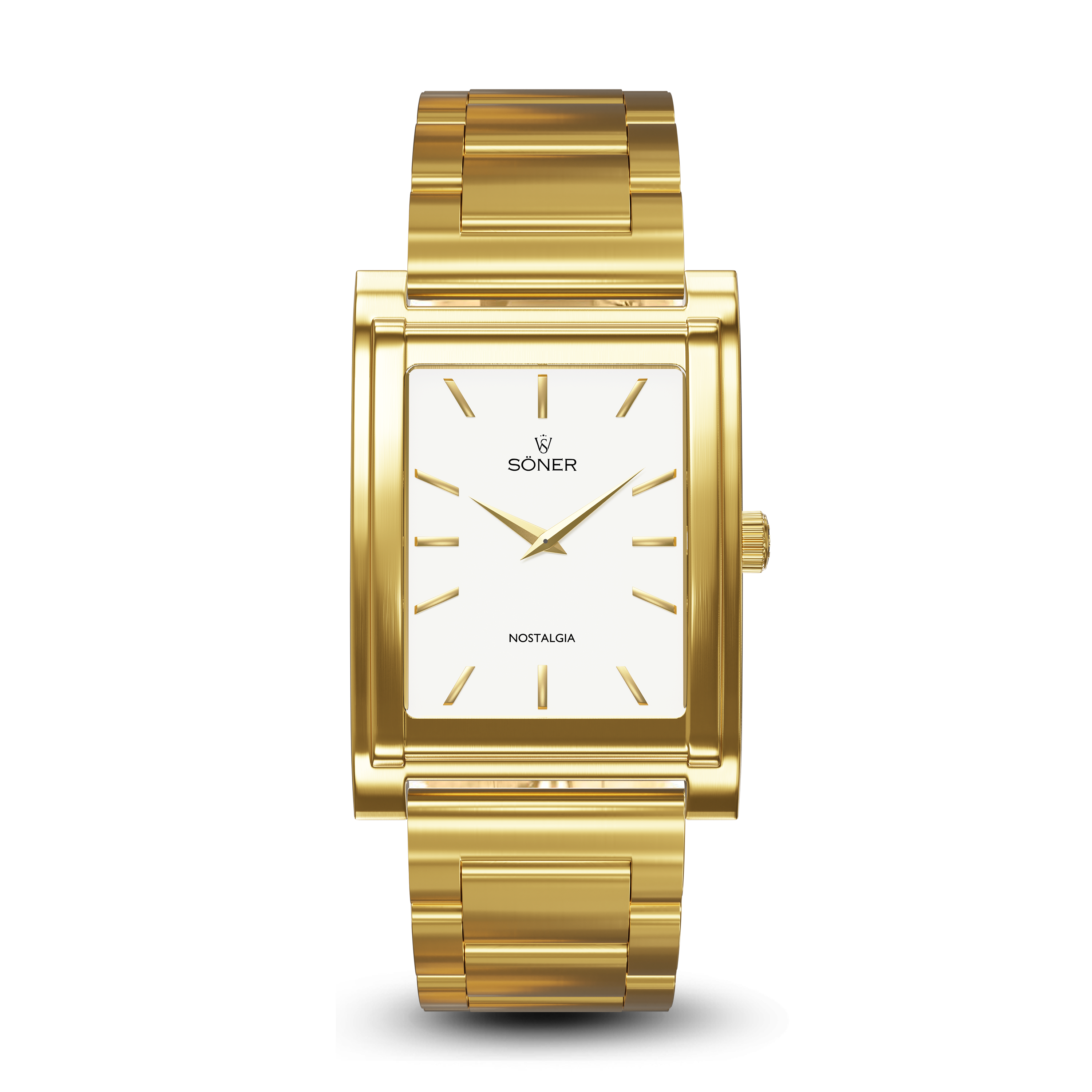 Square watch, Nostalgia Chicago with white dial - steel gold bracelet front view