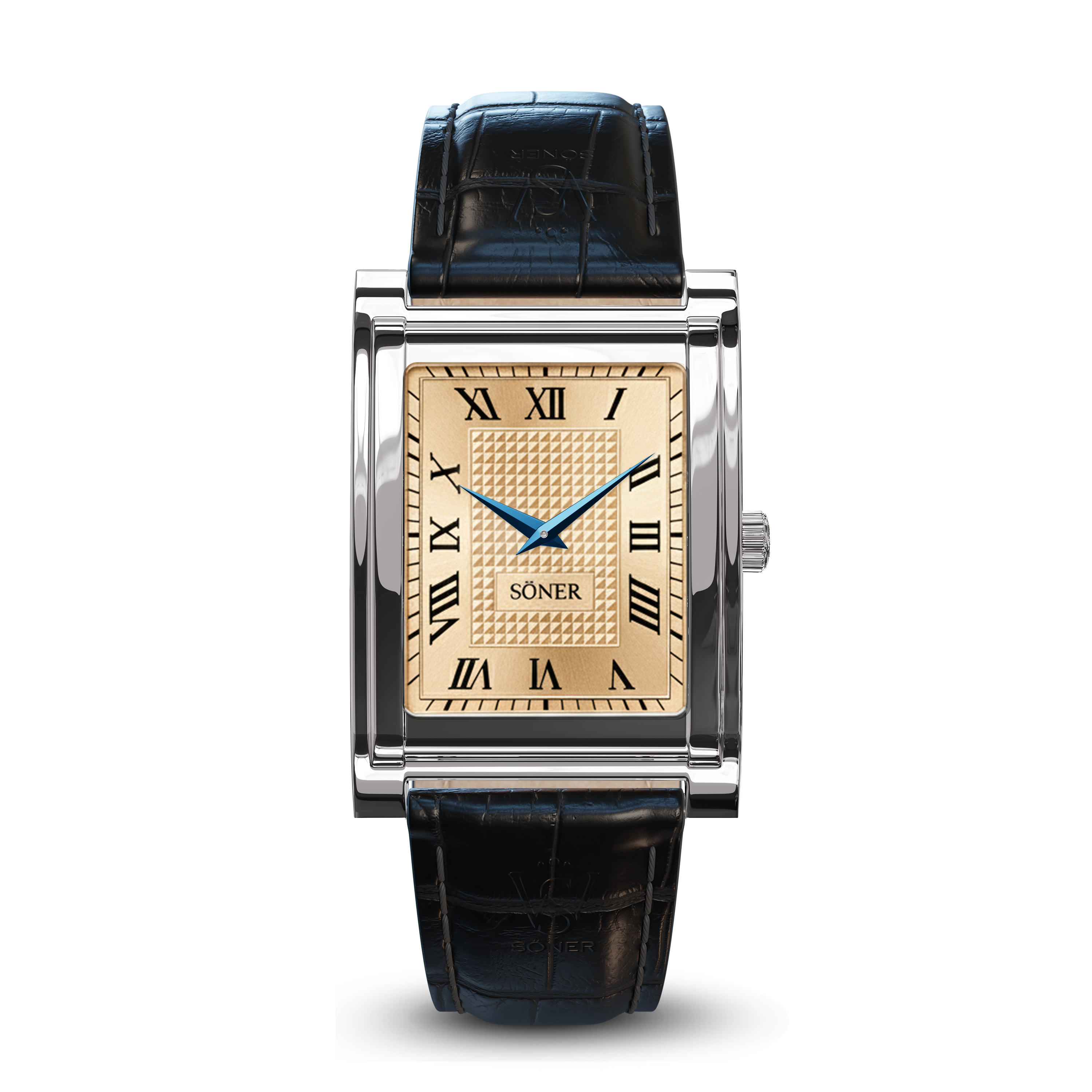 A rectangular men’s luxury watch featuring a rectangular steel case, a champagne dial with gold accents, elegant blue hands, classic Roman numerals, and a black leather strap. The brand name SONER is prominently displayed on the dial.