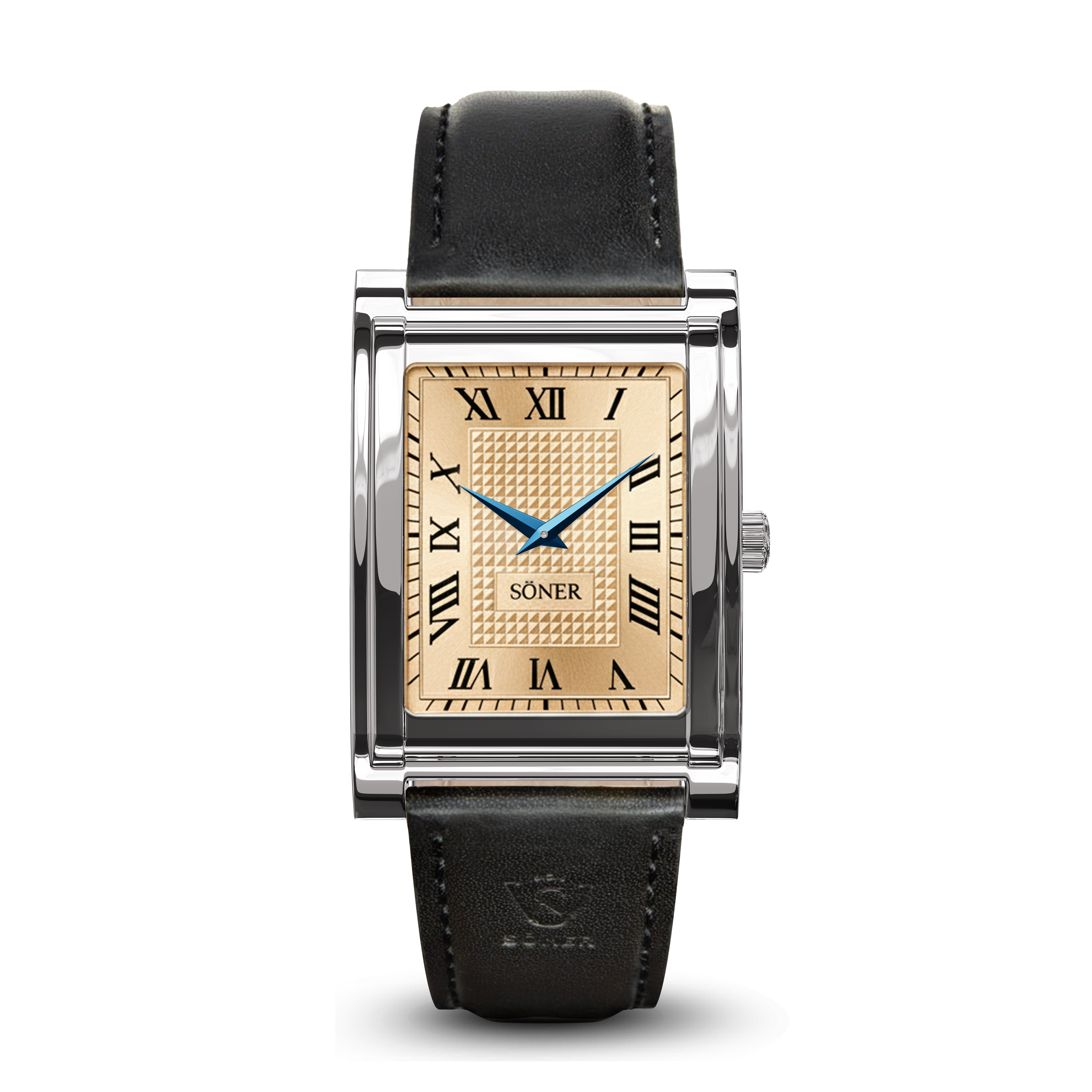 A rectangular wristwatch with a men’s luxury watch design, featuring a gold Roman numeral champagne dial, blue hands, a black leather strap, and a rectangular steel case. The brand name SONER appears on the watch face.