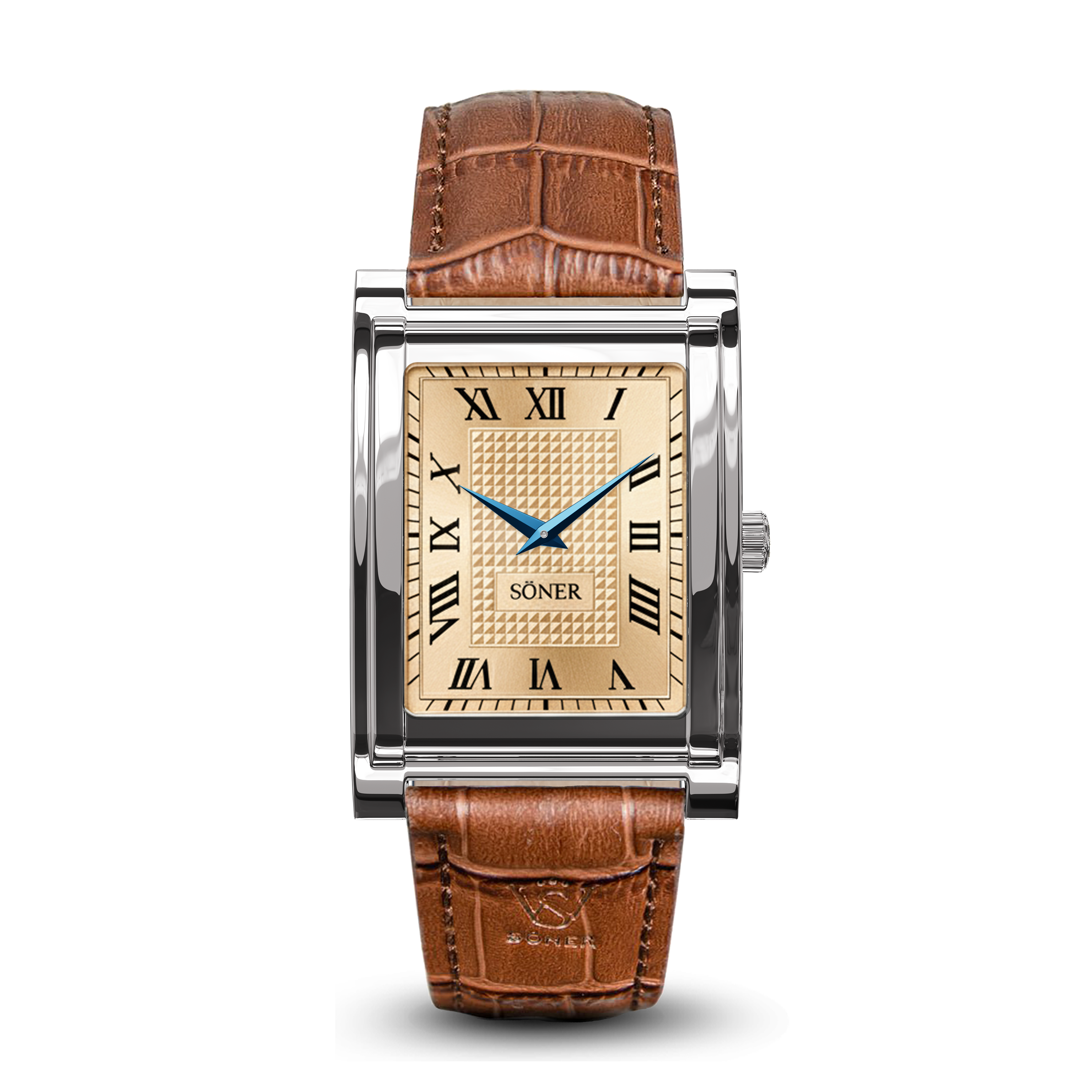 Rectangular men’s timepiece with a champagne dial, roman numerals, blue hands, and a brown leather strap featuring a crocodile pattern. The case is silver with a textured center, and the brand name SONER appears at the bottom of the dial.