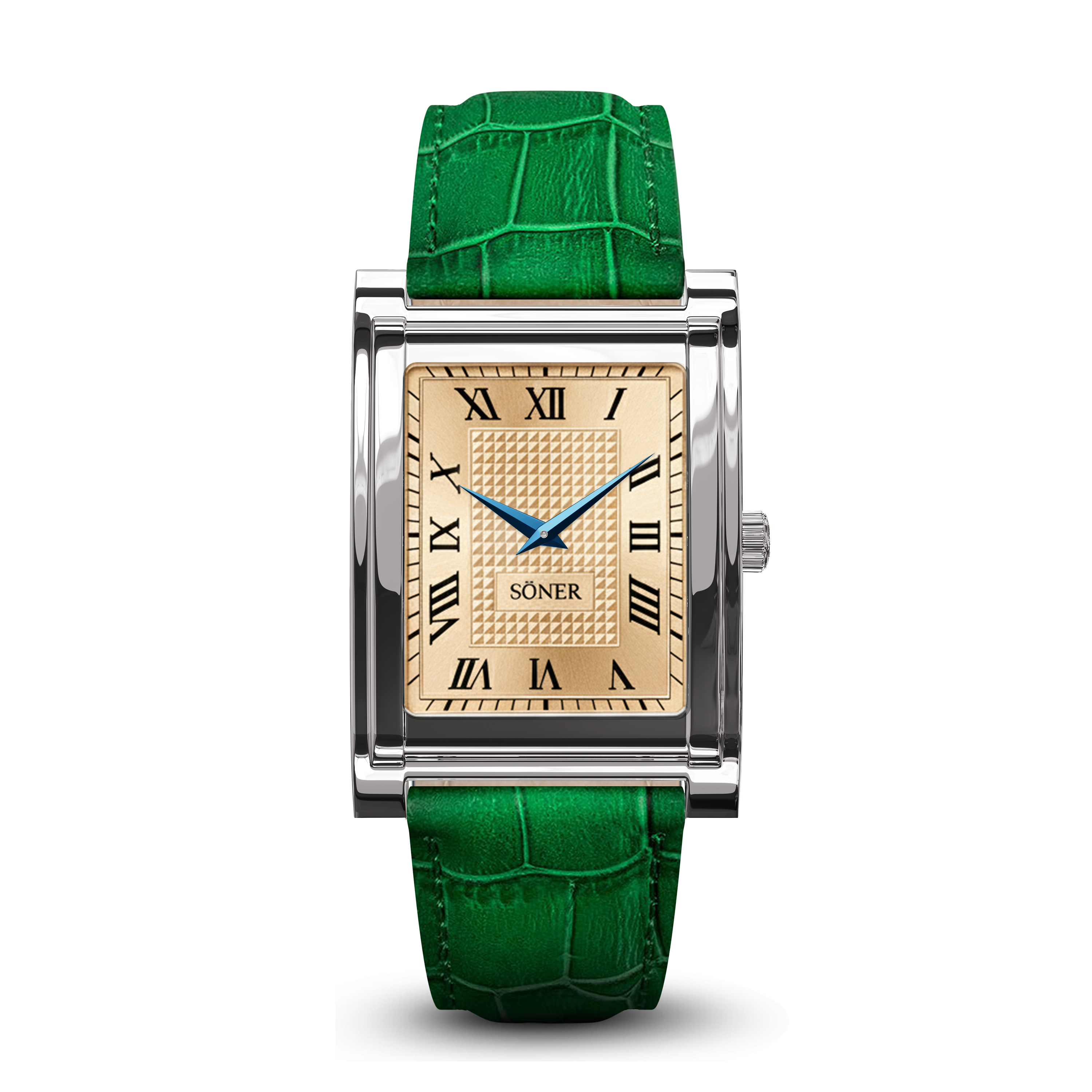 A men’s luxury watch featuring a rectangular steel case, black Roman numerals, blue hands, a textured champagne dial, and a green leather strap with an elegant crocodile pattern.