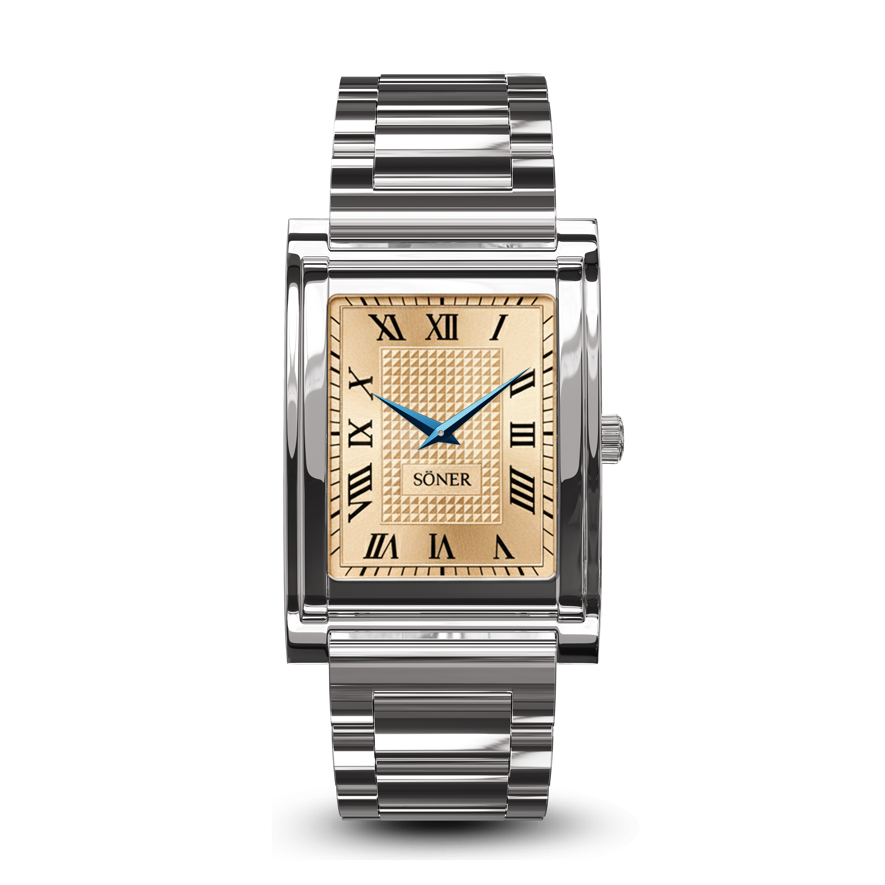 A silver men’s luxury watch featuring a rectangular steel case with a gold face, Roman numerals, and blue hands. The brand name SONER is elegantly displayed on the champagne dial.