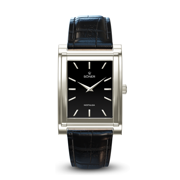 Square watch, Nostalgia London with black dial - black alligator leather strap front view