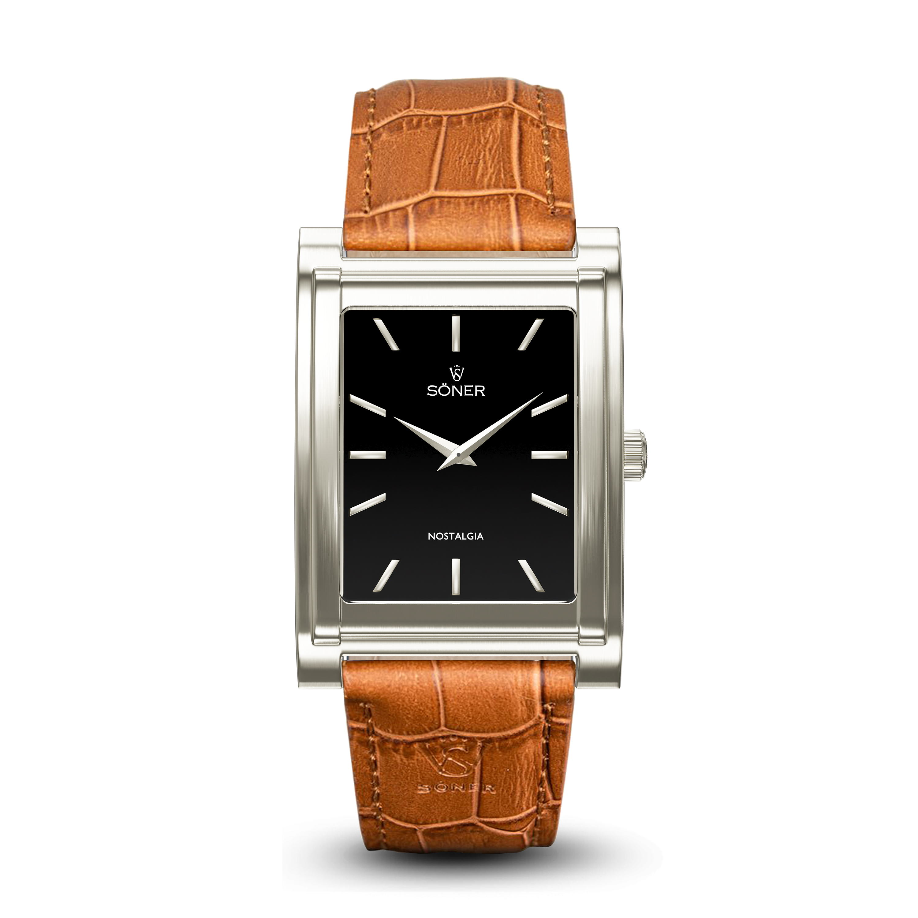 Square watch, Nostalgia London with black dial - light brown alligator leather strap front view