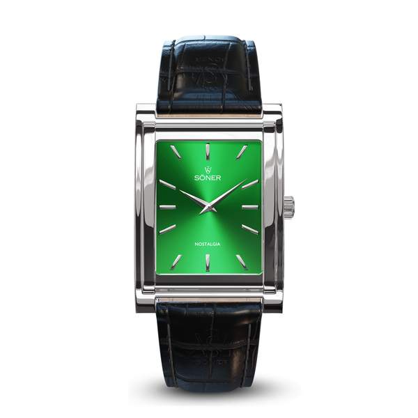 Square watch, Nostalgia New York with green dial - black alligator pattern leather strap front view