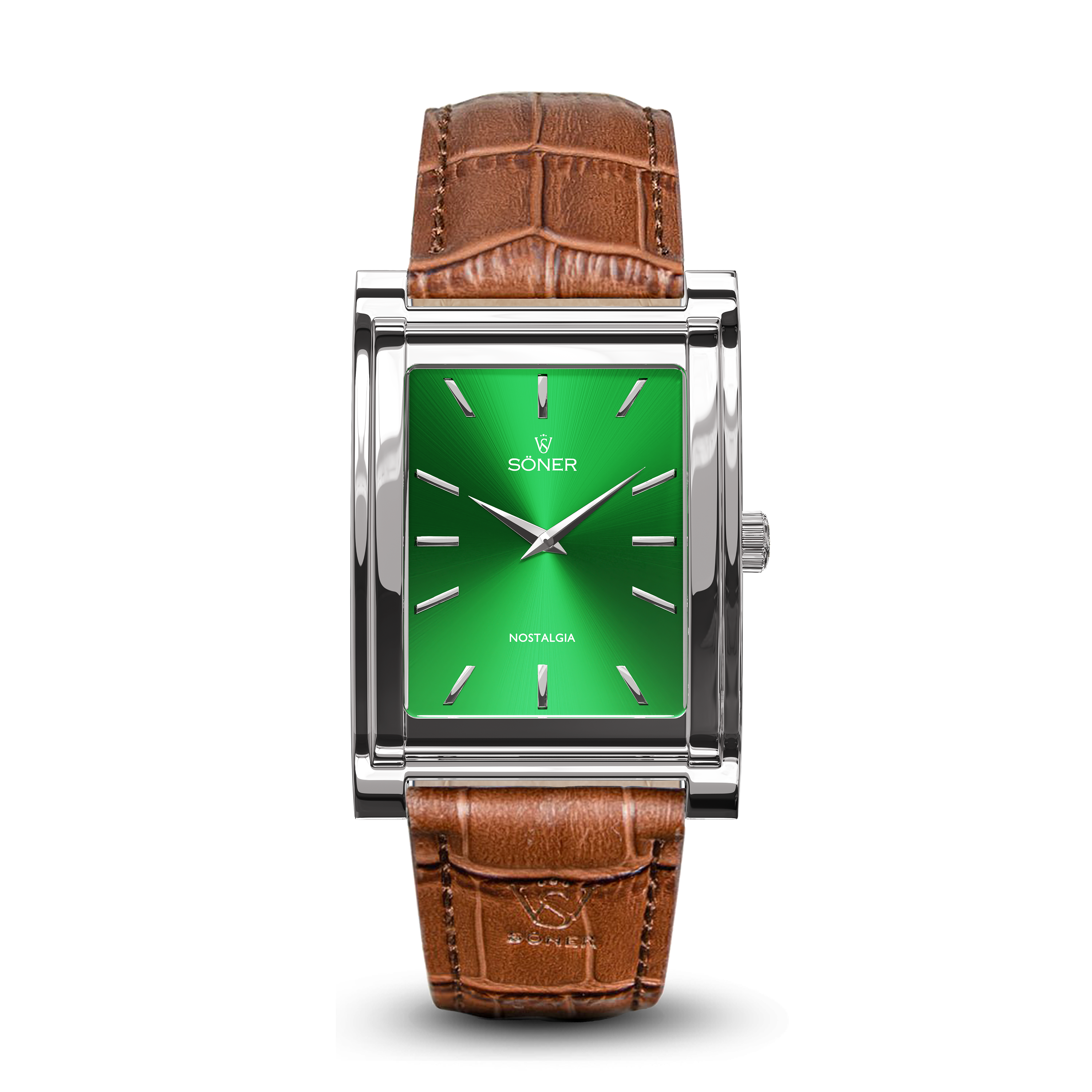 Square watch, Nostalgia New York with green dial - brown alligator pattern leather strap front view