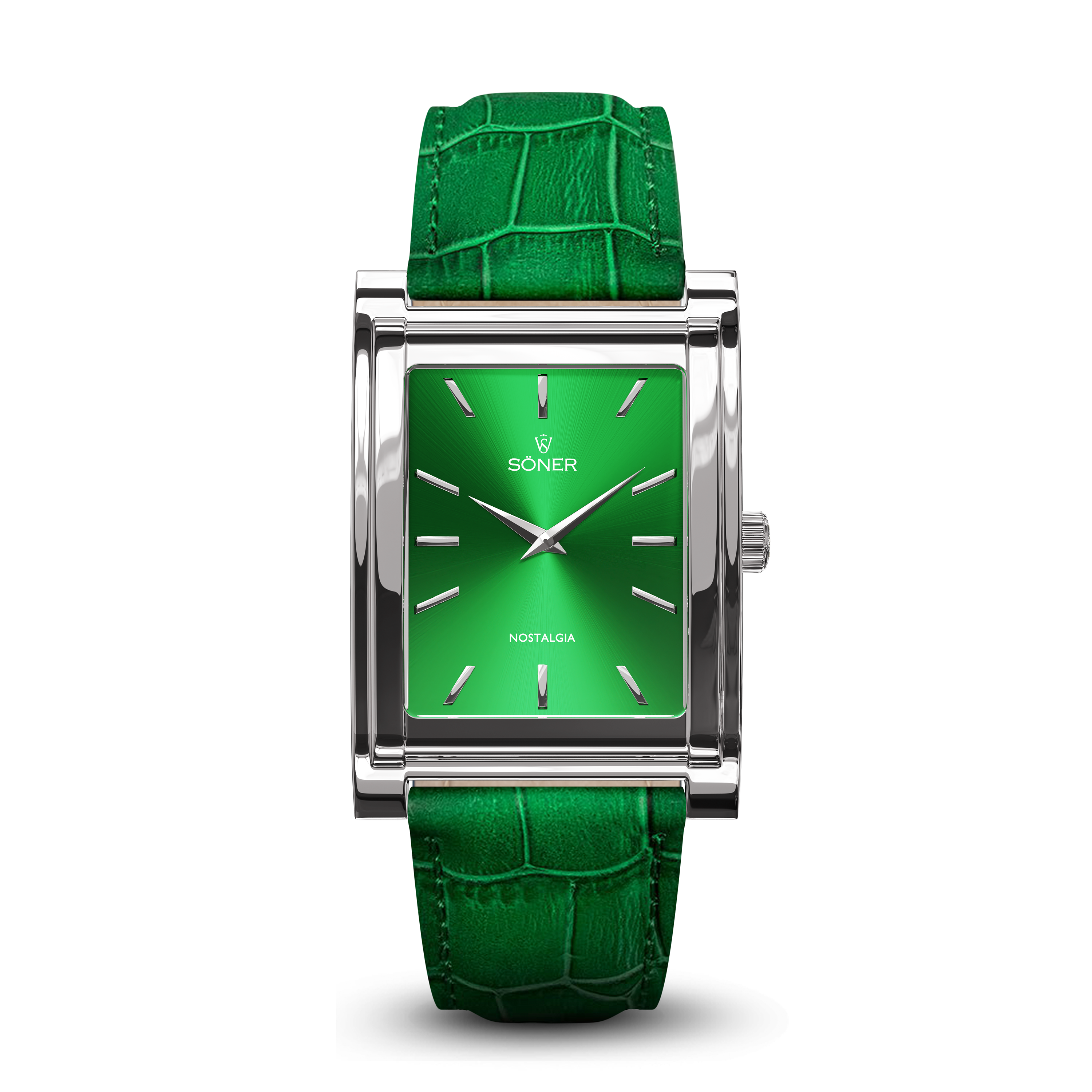 Square watch, Nostalgia New York with green dial - green alligator pattern leather strap front view