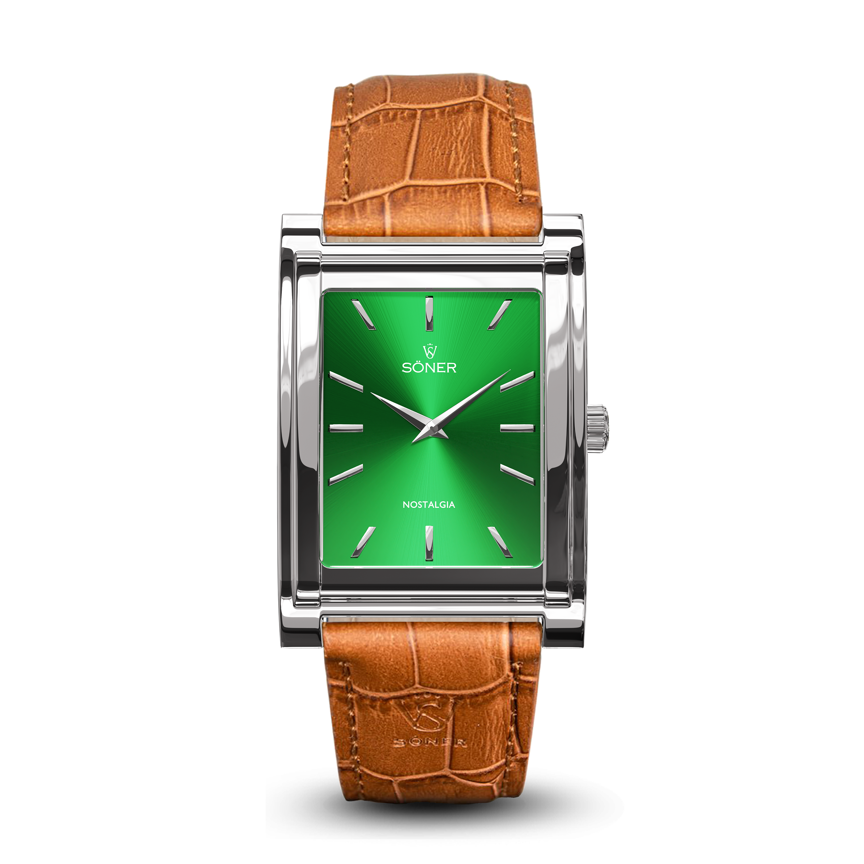 Square watch, Nostalgia New York with green dial - light brown alligator pattern leather strap front view