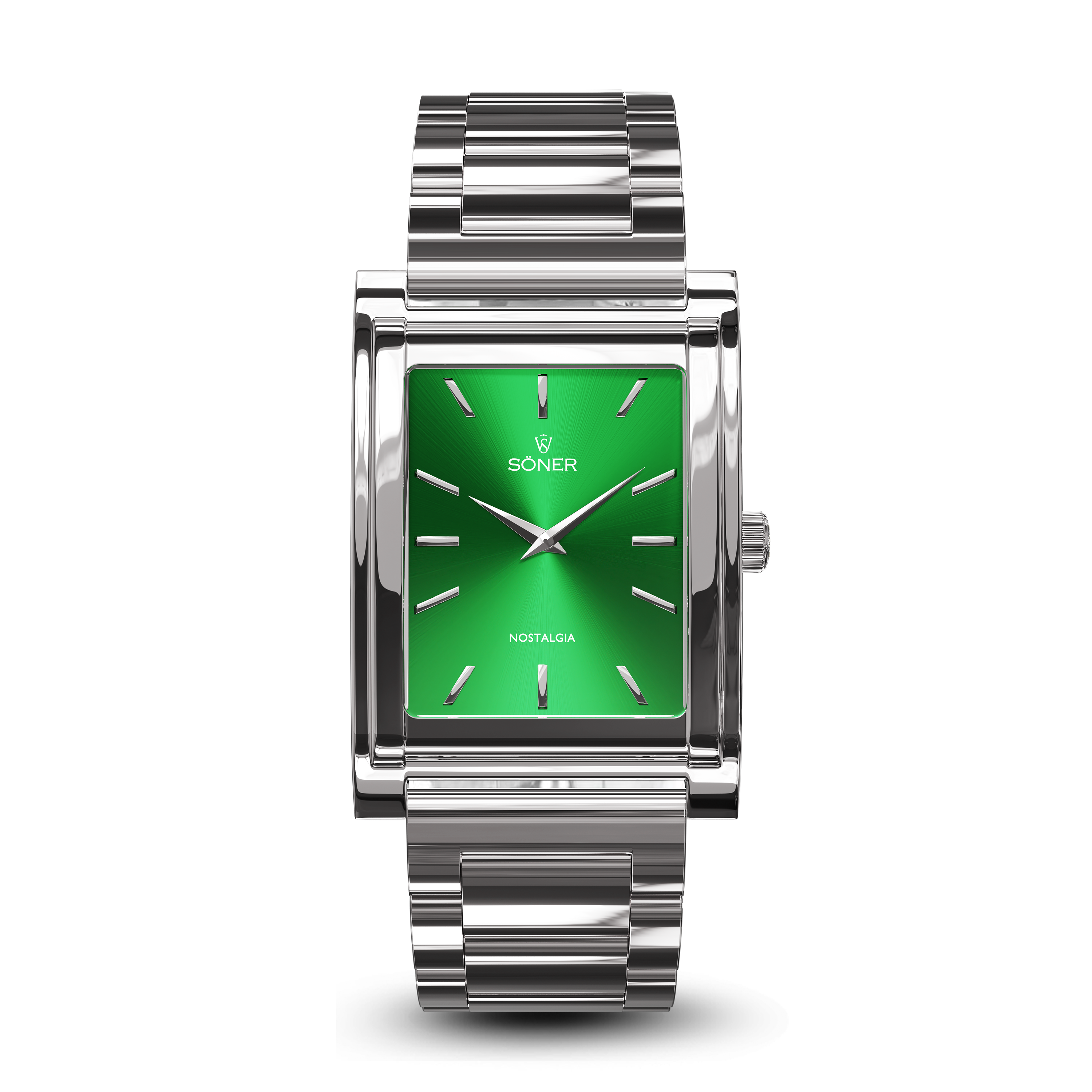 Square watch, Nostalgia New York with green dial - steel bracelet front view