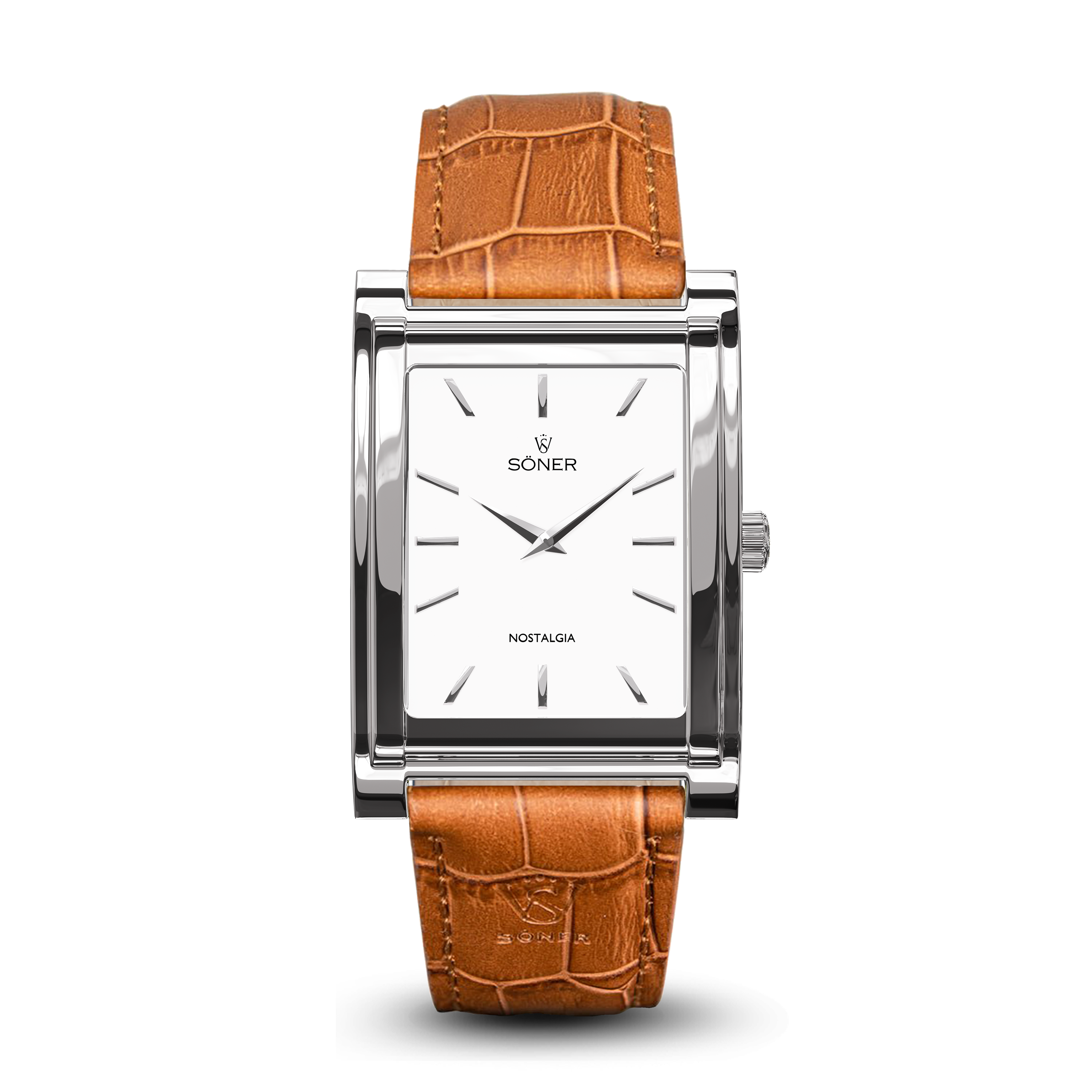 Square watch, Nostalgia Paris with white dial - light brown alligator pattern leather strap frontal view