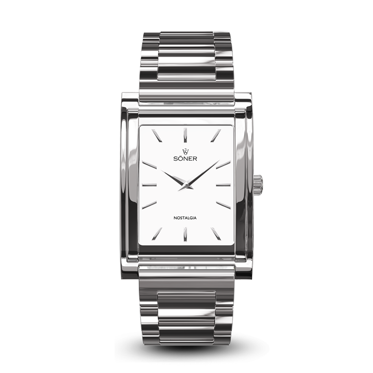 A sleek rectangular silver wristwatch with a segmented metallic band. The white watch face displays minimalist silver hour markers and hands. The brand name, Soner, and the word Nostalgia are printed below the 12 oclock position.