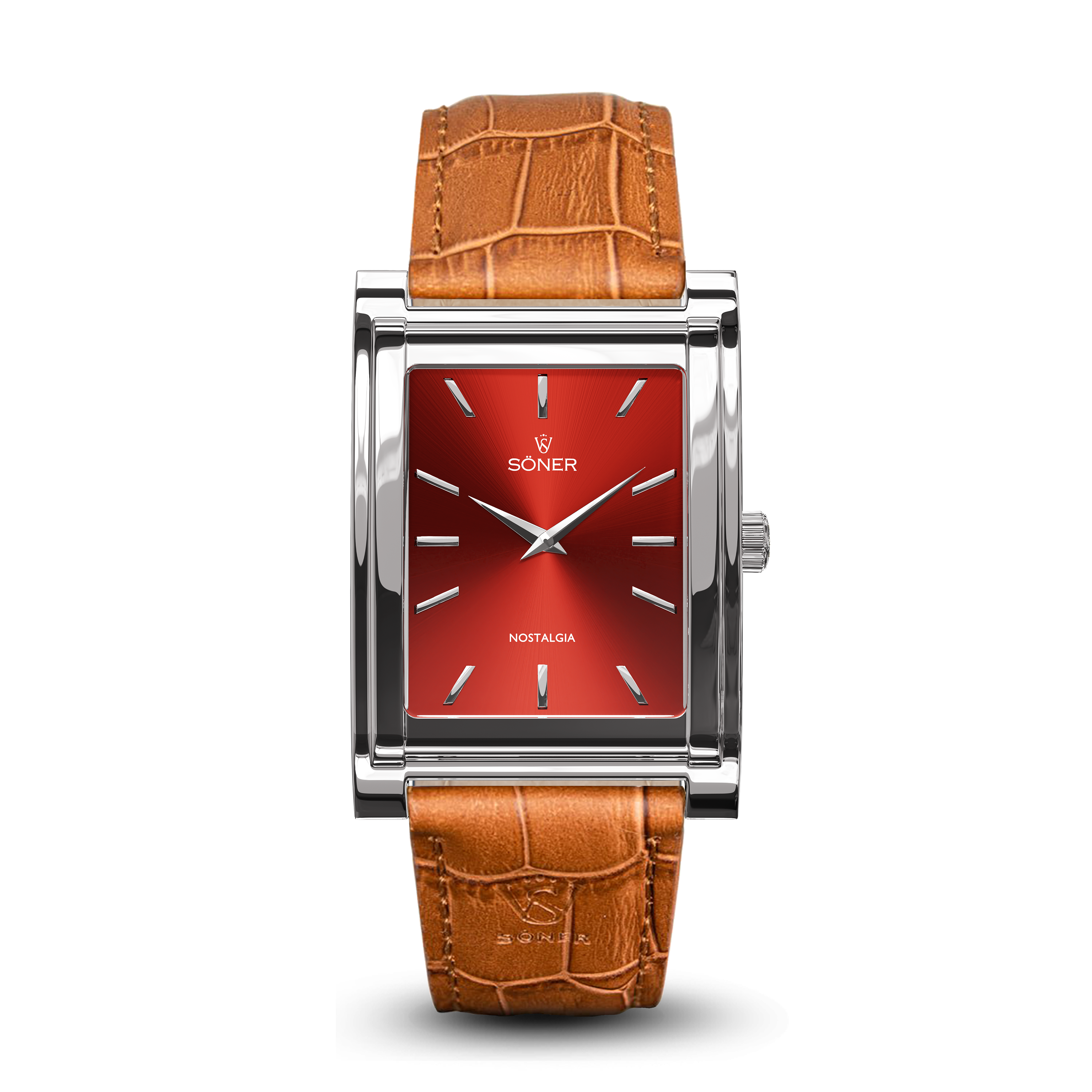 Square watch, Nostalgia Rome with red dial - light brown alligator pattern leather strap front view