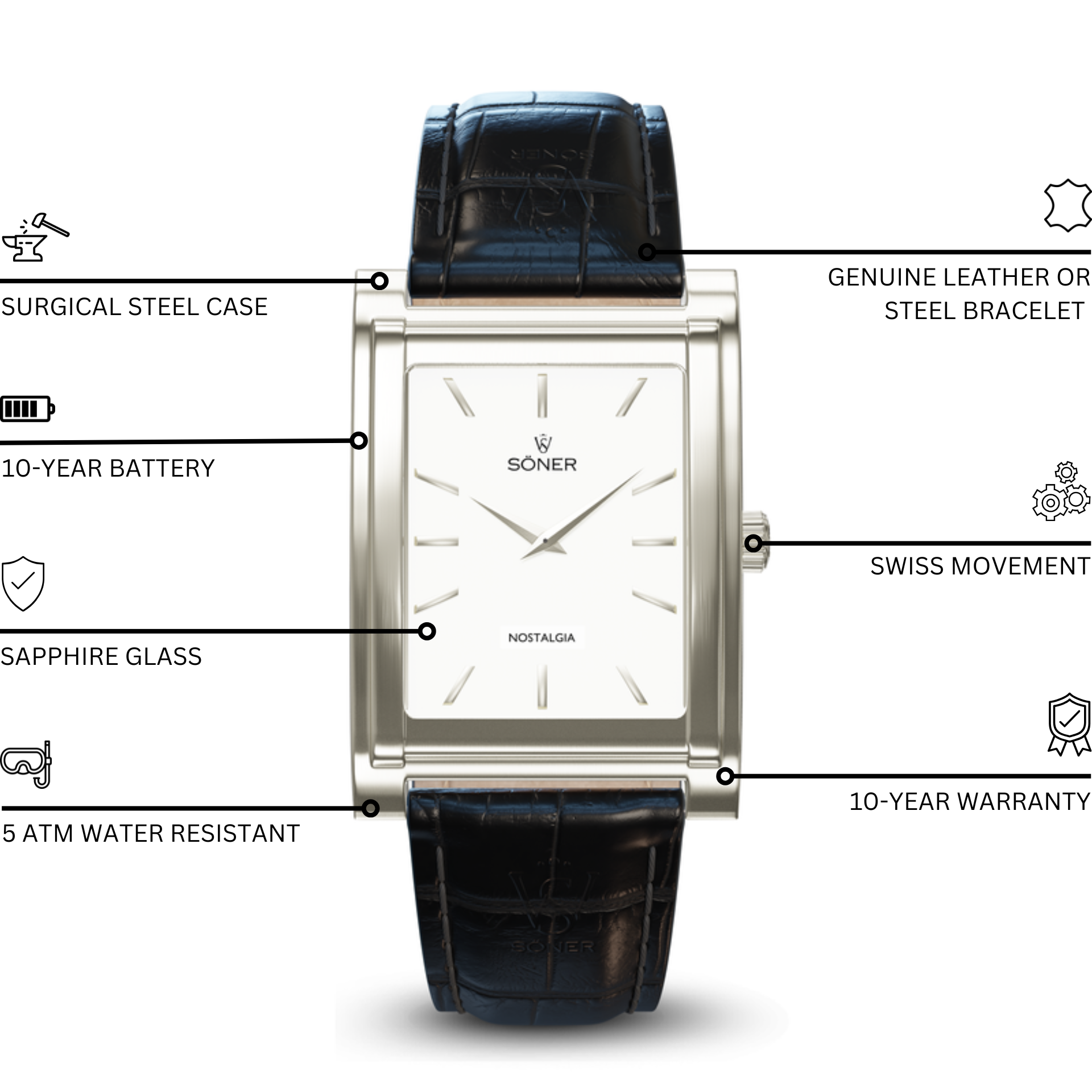 Rectangular dress watch with a clean white dial and black markers.