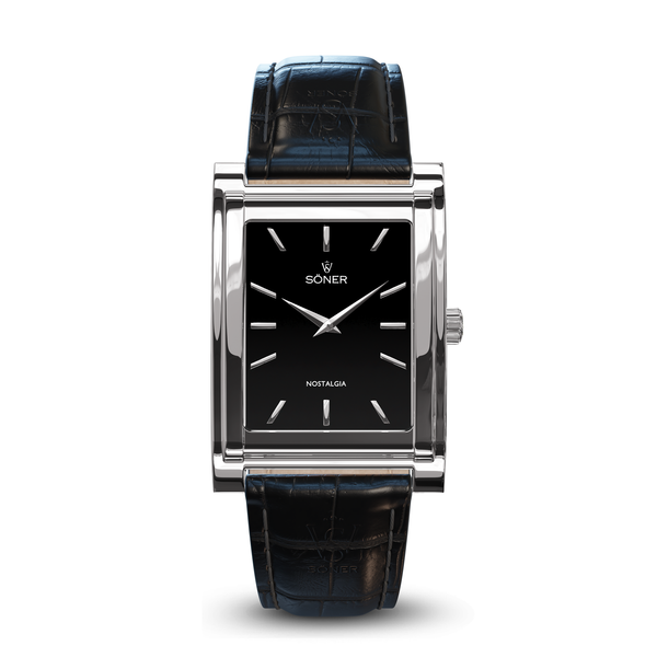 Square watch, Nostalgia Stockholm with black dial - black alligator pattern leather strap front view