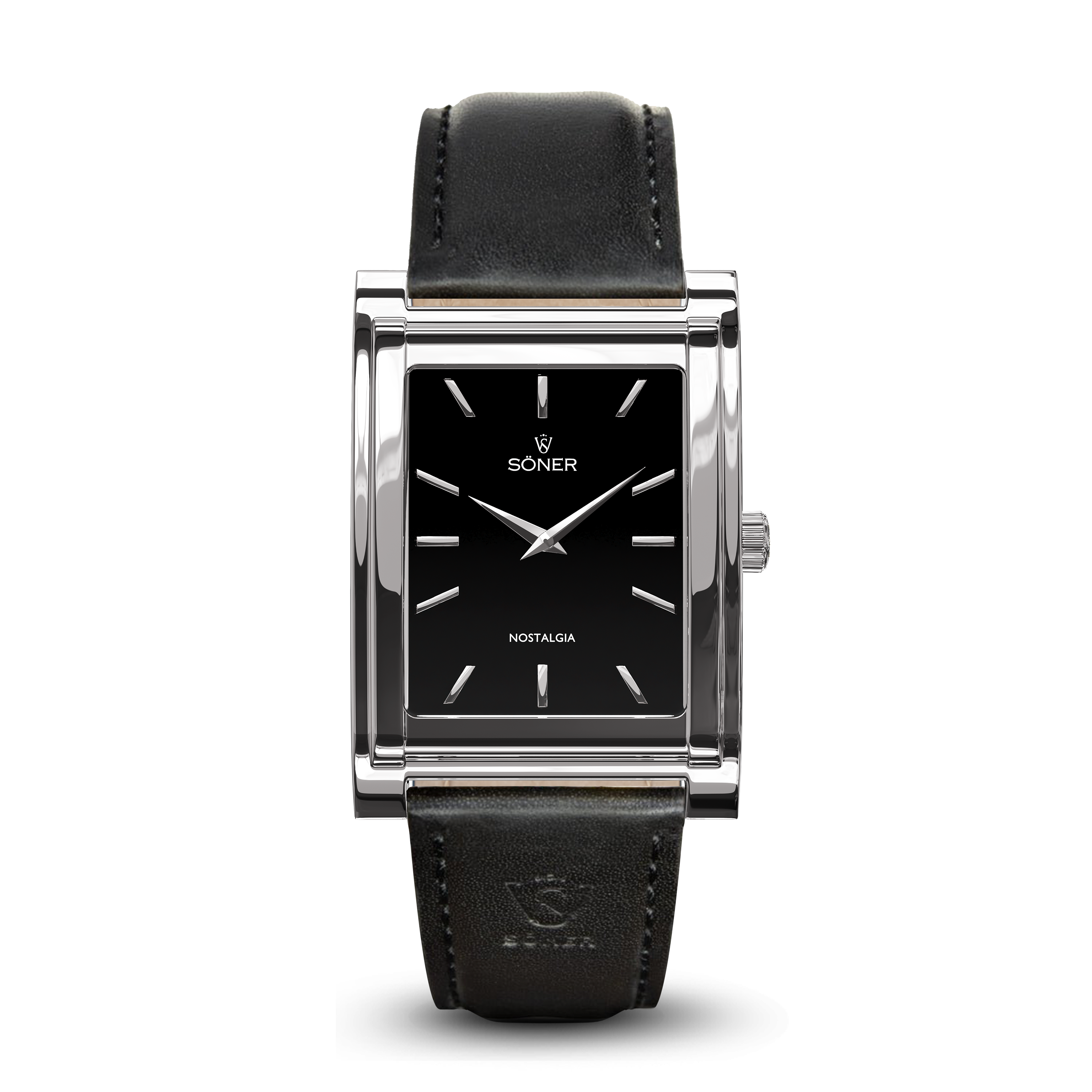 Square watch, Nostalgia Stockholm with black dial - black leather strap front view
