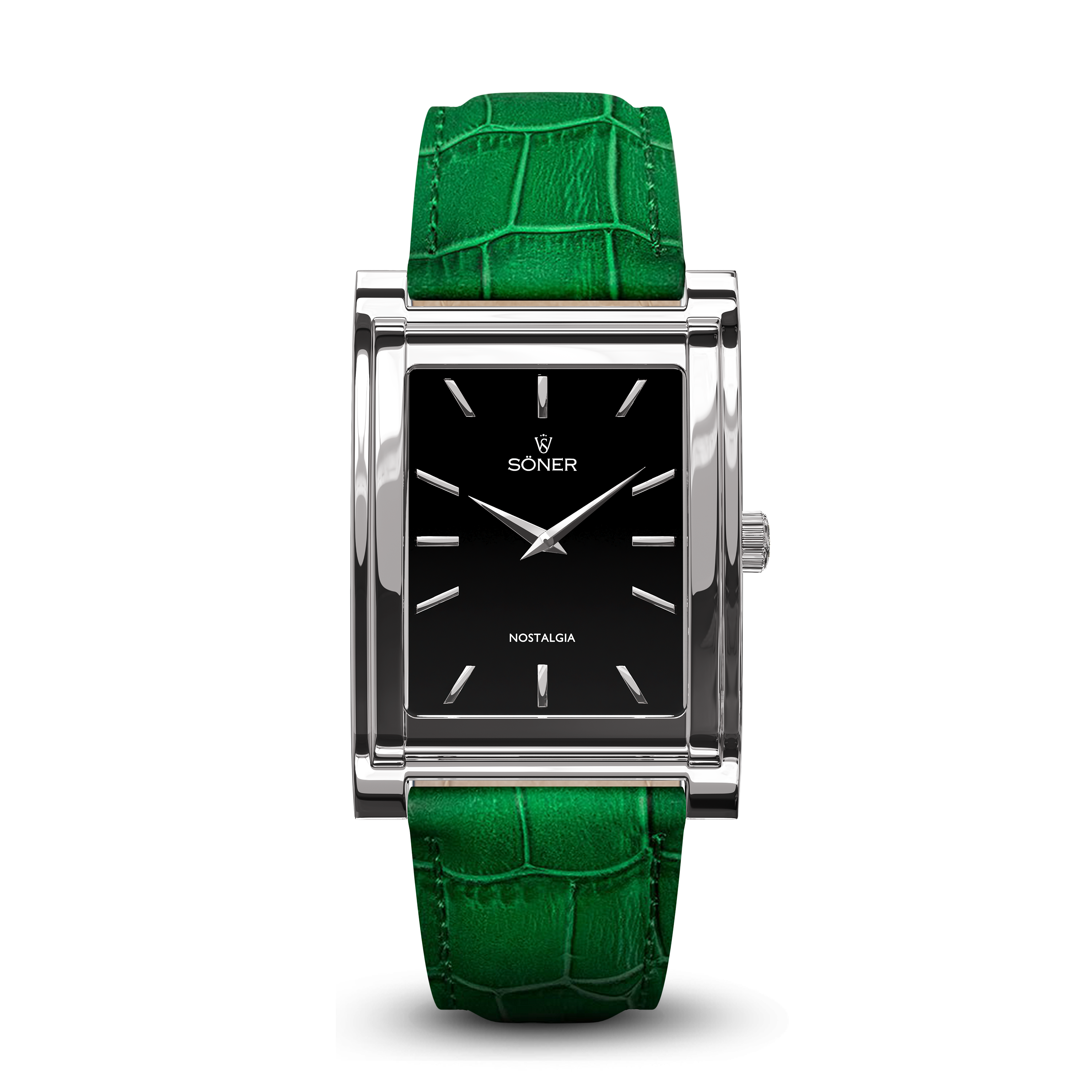 Square watch, Nostalgia Stockholm with black dial - green alligator pattern leather strap front view